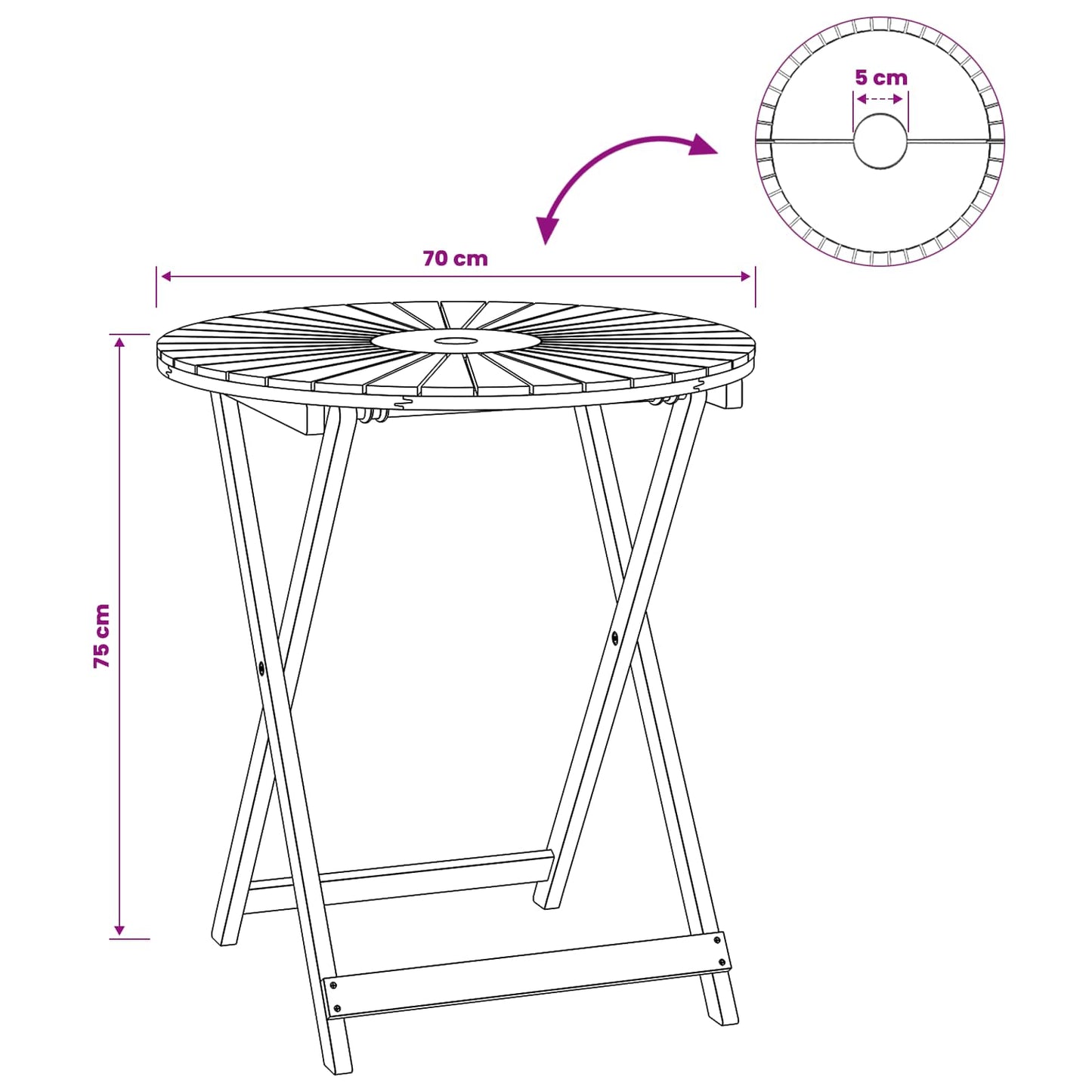 vidaXL Folding Garden Table Natural Ø70 x 75 cm Solid Acacia Wood - Brown
