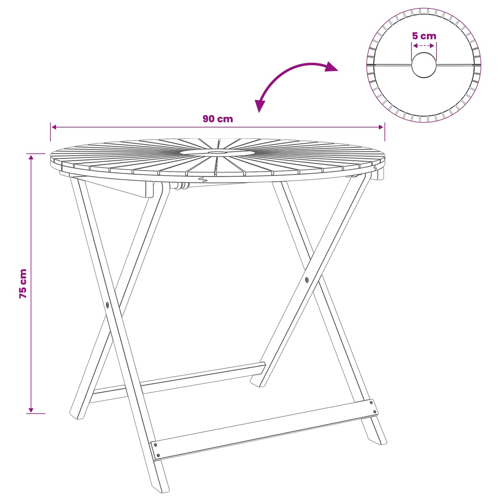vidaXL Folding Garden Table Natural Ø90 x 75 cm Solid Acacia Wood - Brown