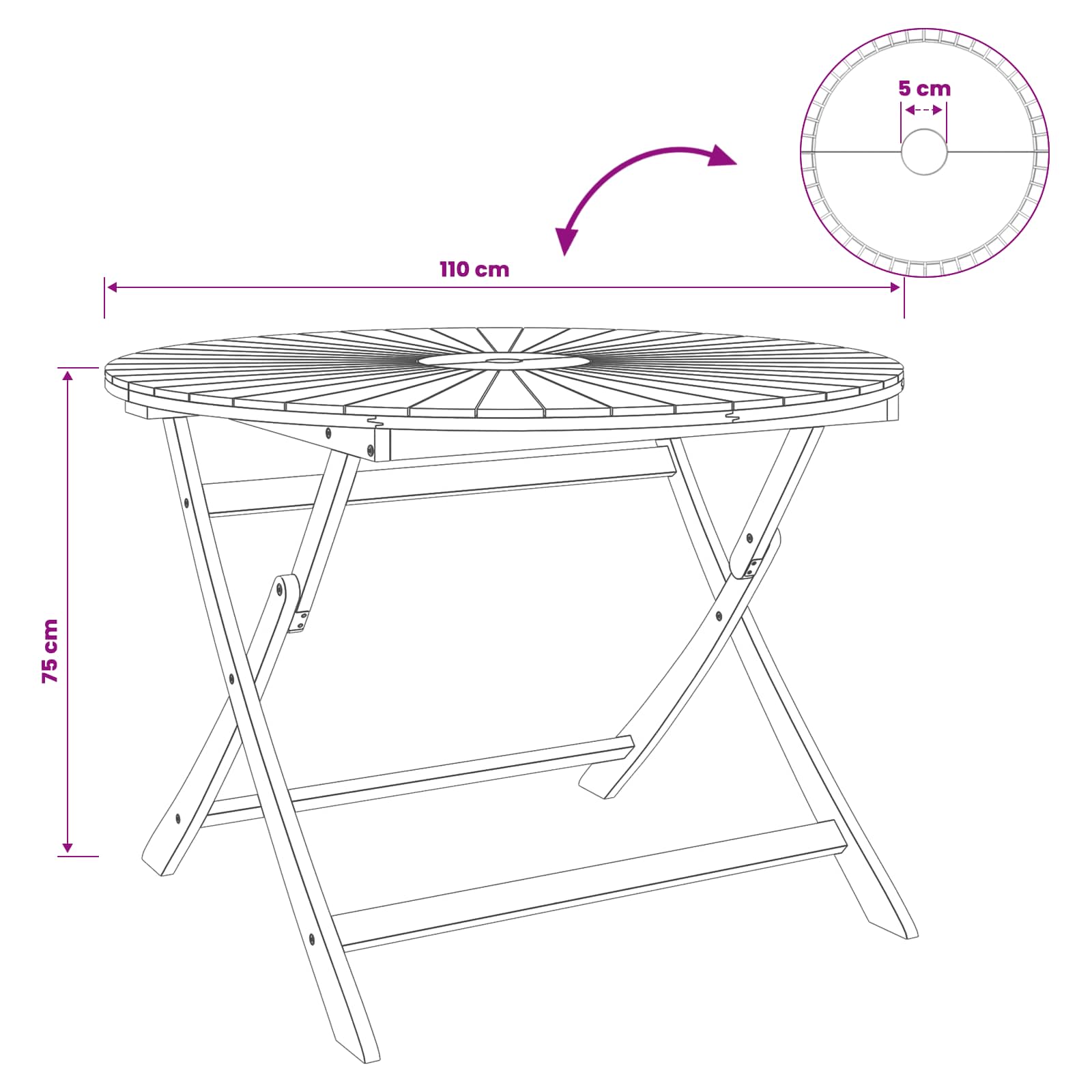 vidaXL Folding Garden Table Natural Ø110 x 75 cm Solid Acacia Wood - Brown