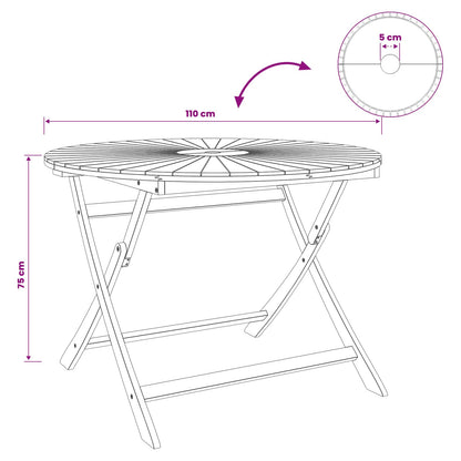 vidaXL Folding Garden Table Natural Ø110 x 75 cm Solid Acacia Wood - Brown