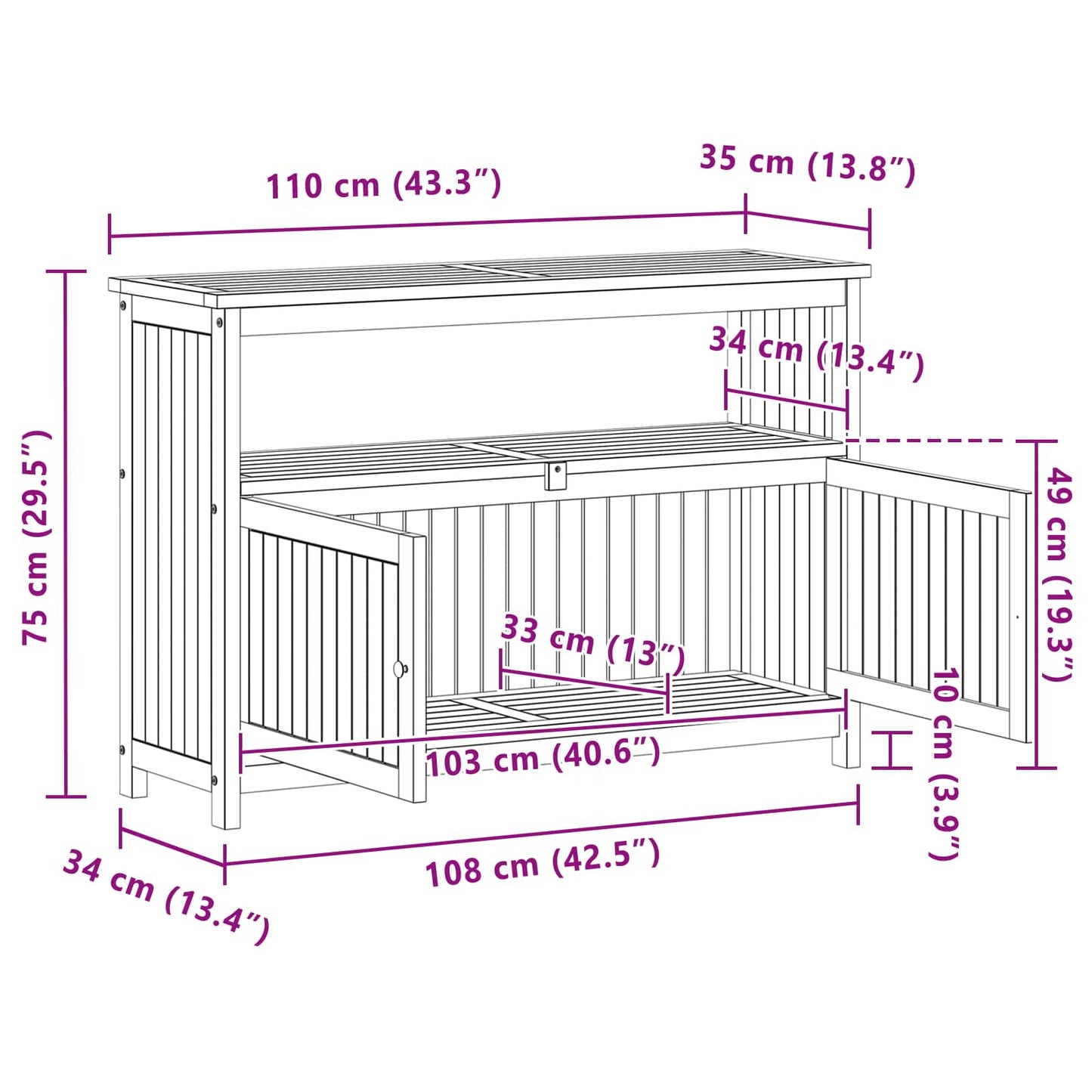 vidaXL Garden Console Table with Storage Light Acacia 110 x 35 x 75 cm