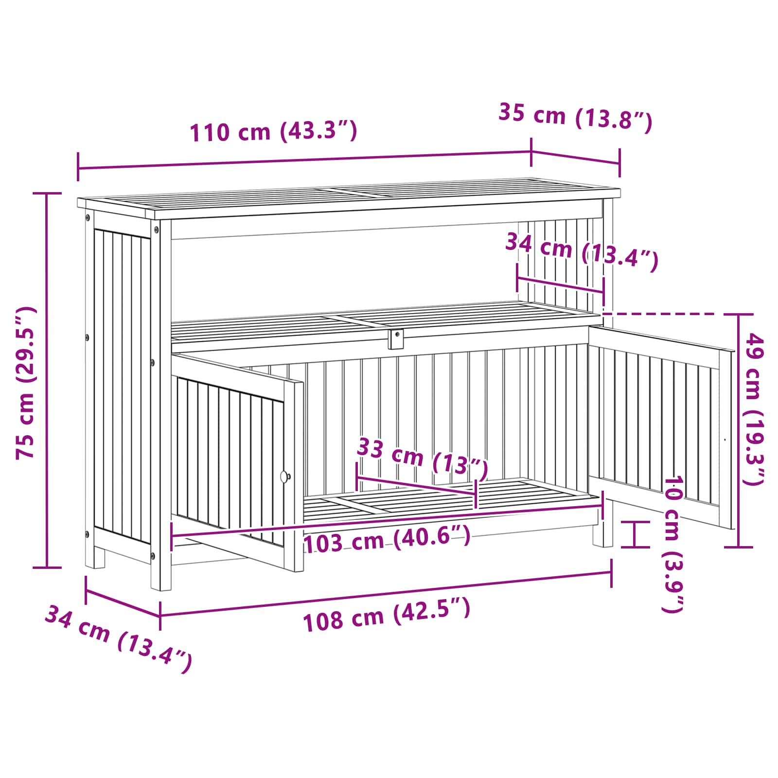 vidaXL Garden Console Table with Storage Light Acacia 110 x 35 x 75 cm