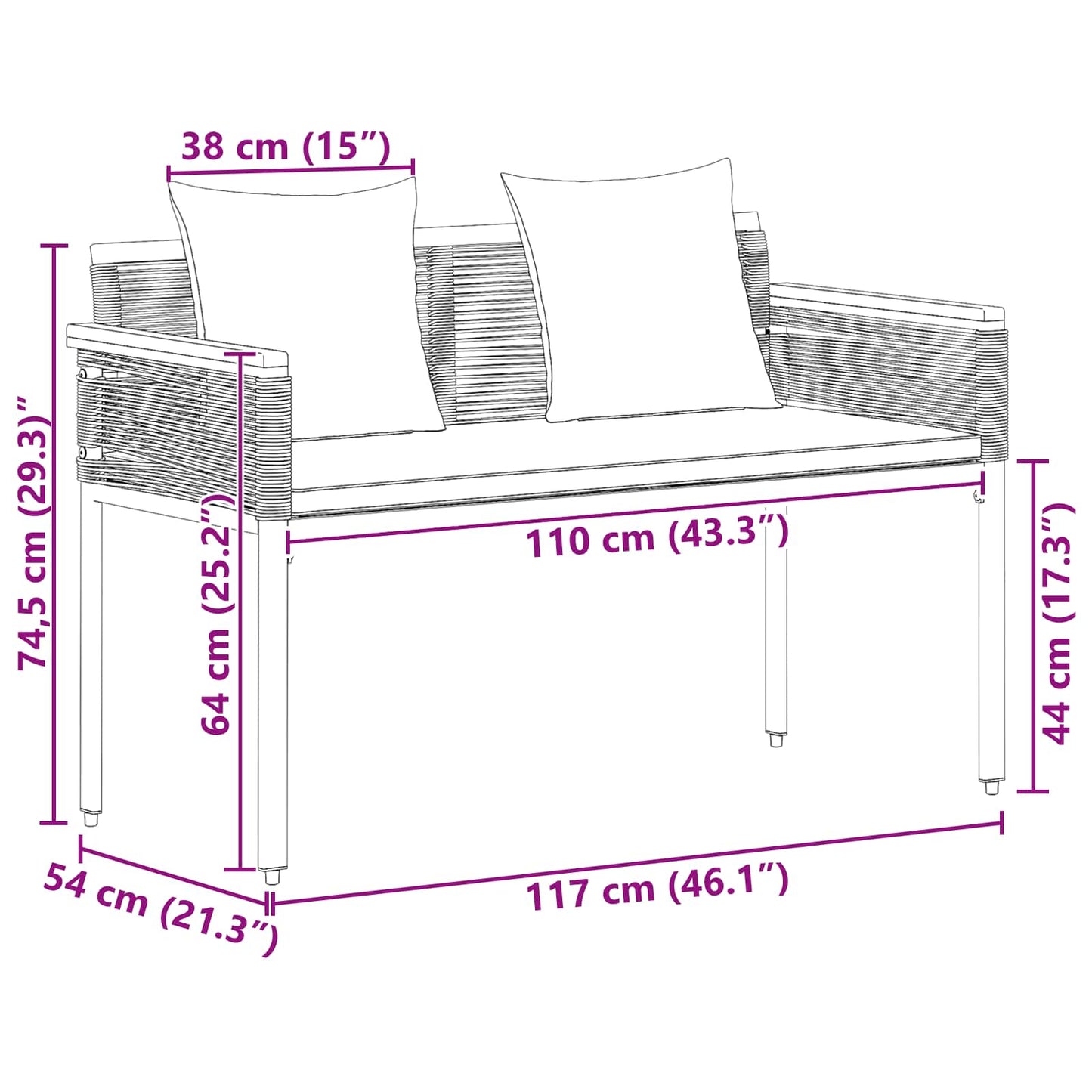 vidaXL Outdoor Bench with Cushion Black 117 x 54 x 74.5 cm Poly Rattan