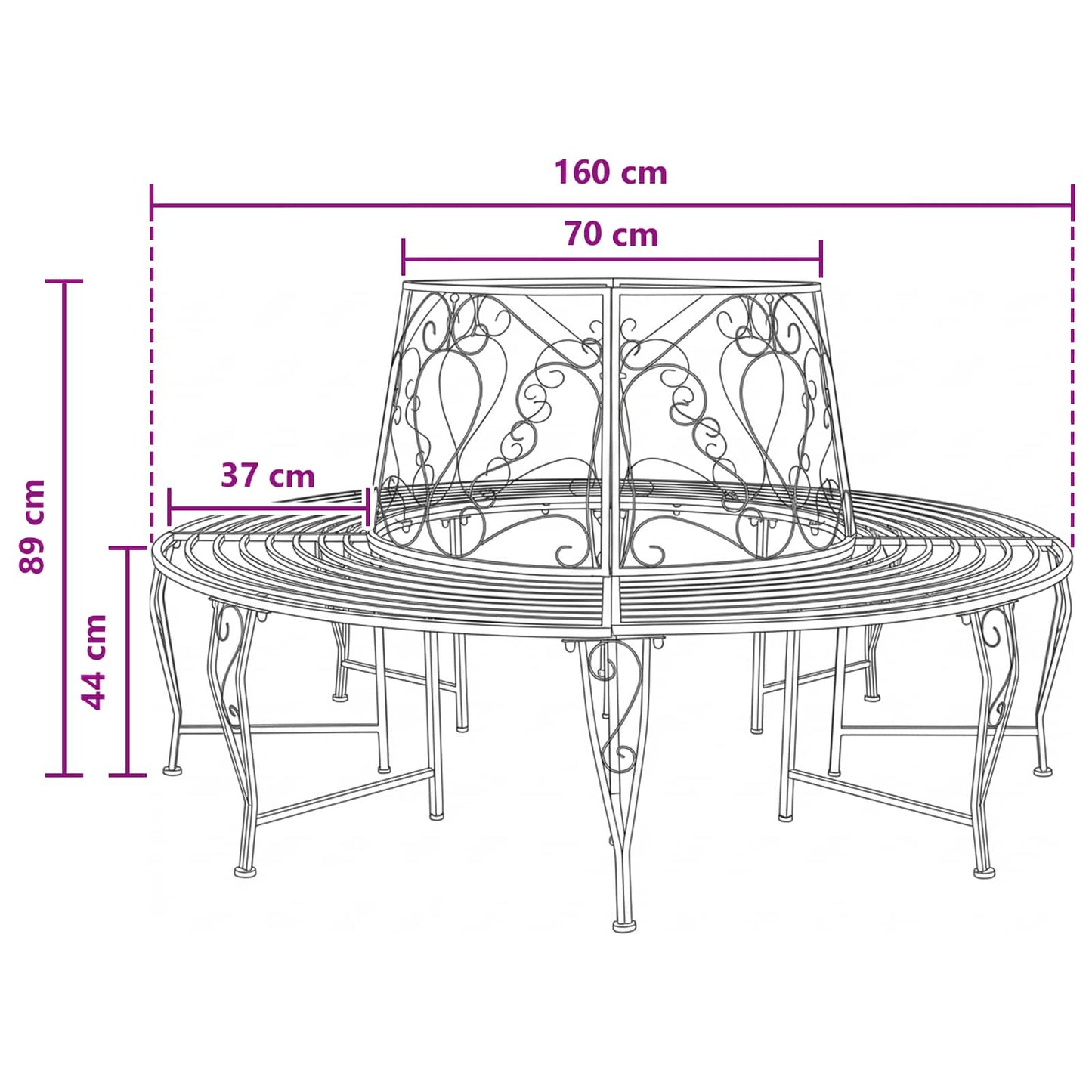 vidaXL Tree Bench 8-Seater Ø 160 x 89 cm Steel Black Round - 31613