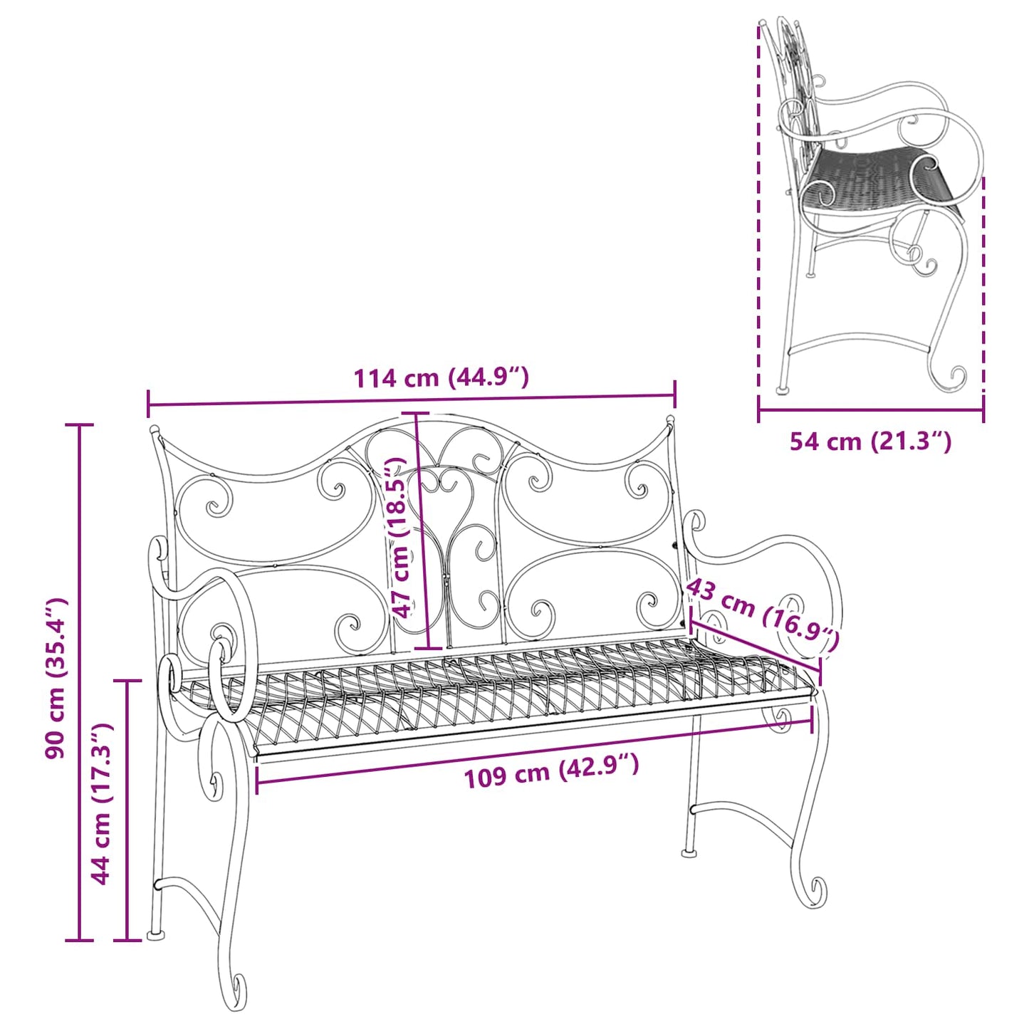 vidaXL Garden Bench 2-Seater 114 x 56.5 x 90 cm Steel Silver Grey