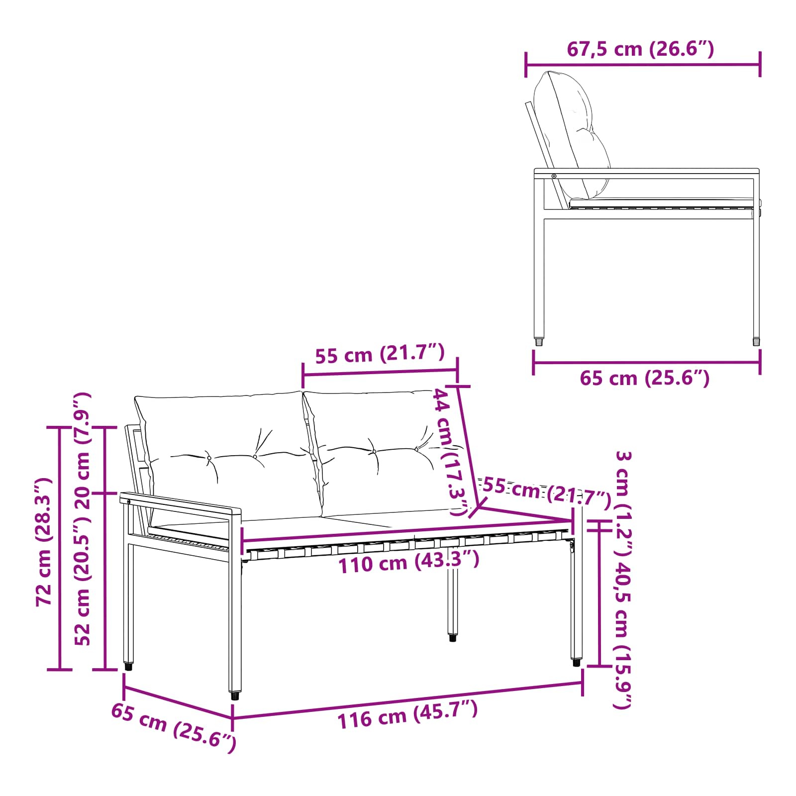 vidaXL Outdoor Bench 2 -Seater 116 x 67.5 x 72 cm Poly Rattan - Grey