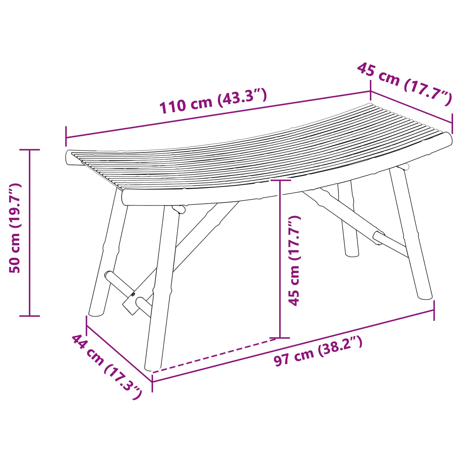 vidaXL Garden Bench 110 x 45 x 50 cm Bamboo Natural Rectangular - Brown