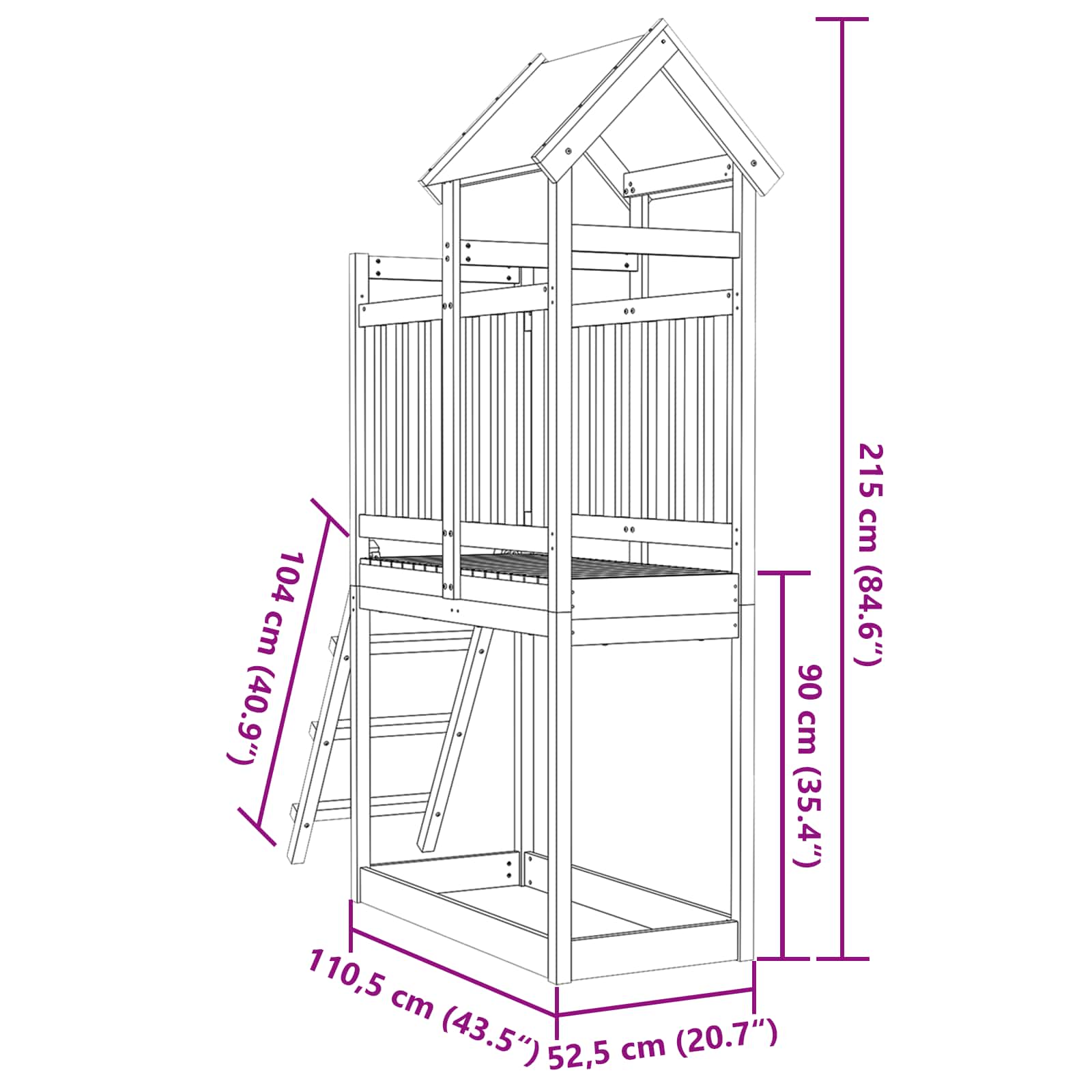 vidaXL Play Tower Brown 52.5 x 110.5 x 215 cm Solid Pine Wood