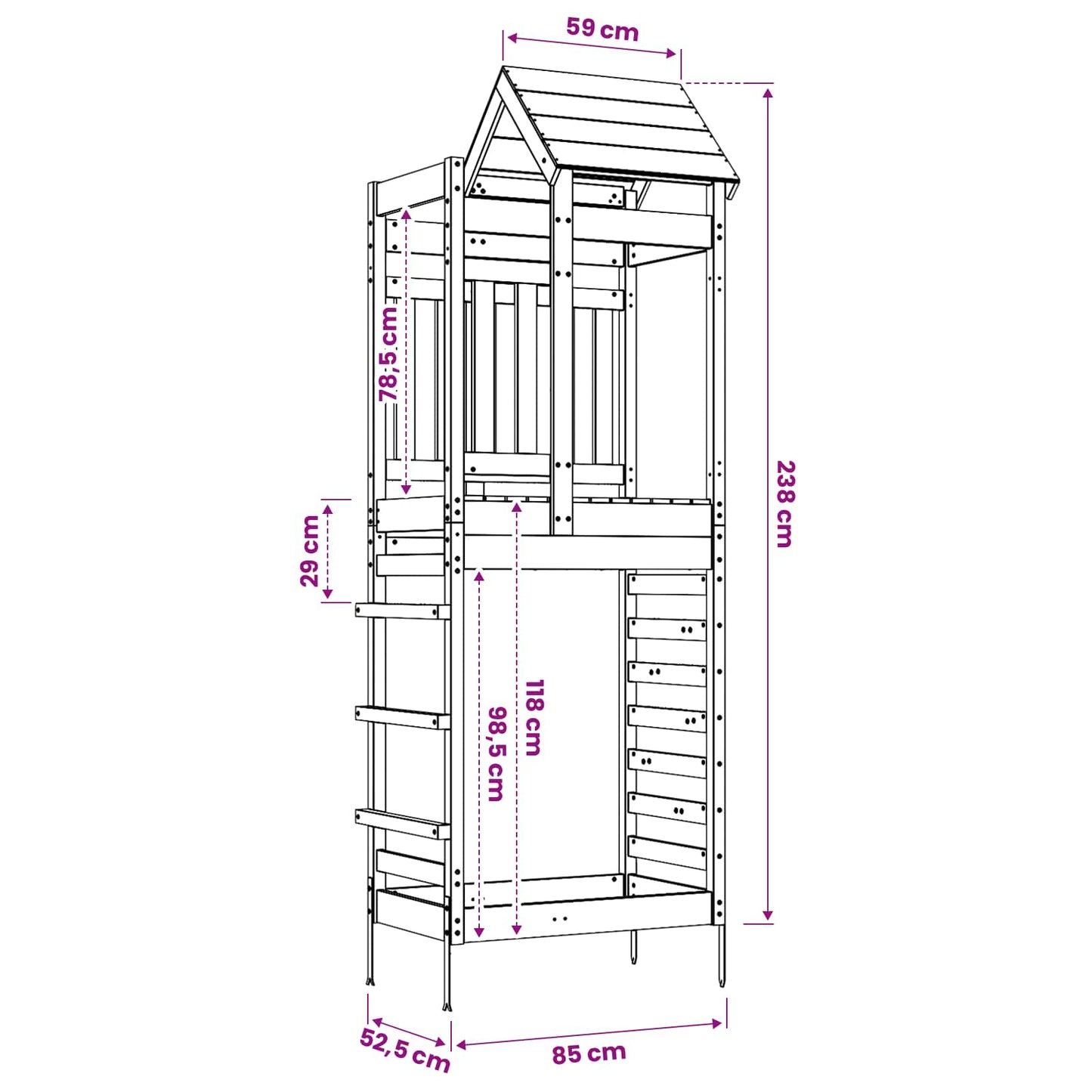vidaXL Play Tower Brown 52.5 x 85 x 238 cm Solid Pine Wood - 33979
