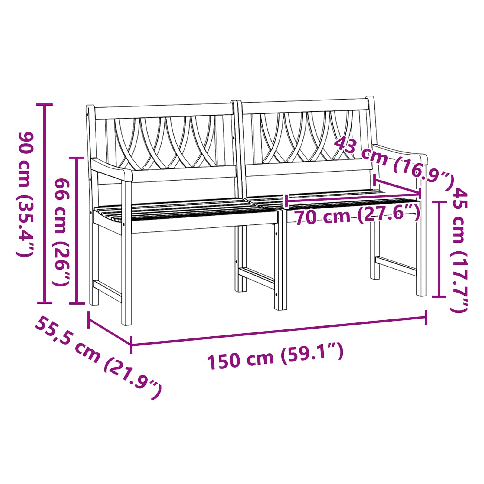 vidaXL Outdoor Bench Natural 150 x 55.5 x 90 cm Solid Acacia Wood - Brown