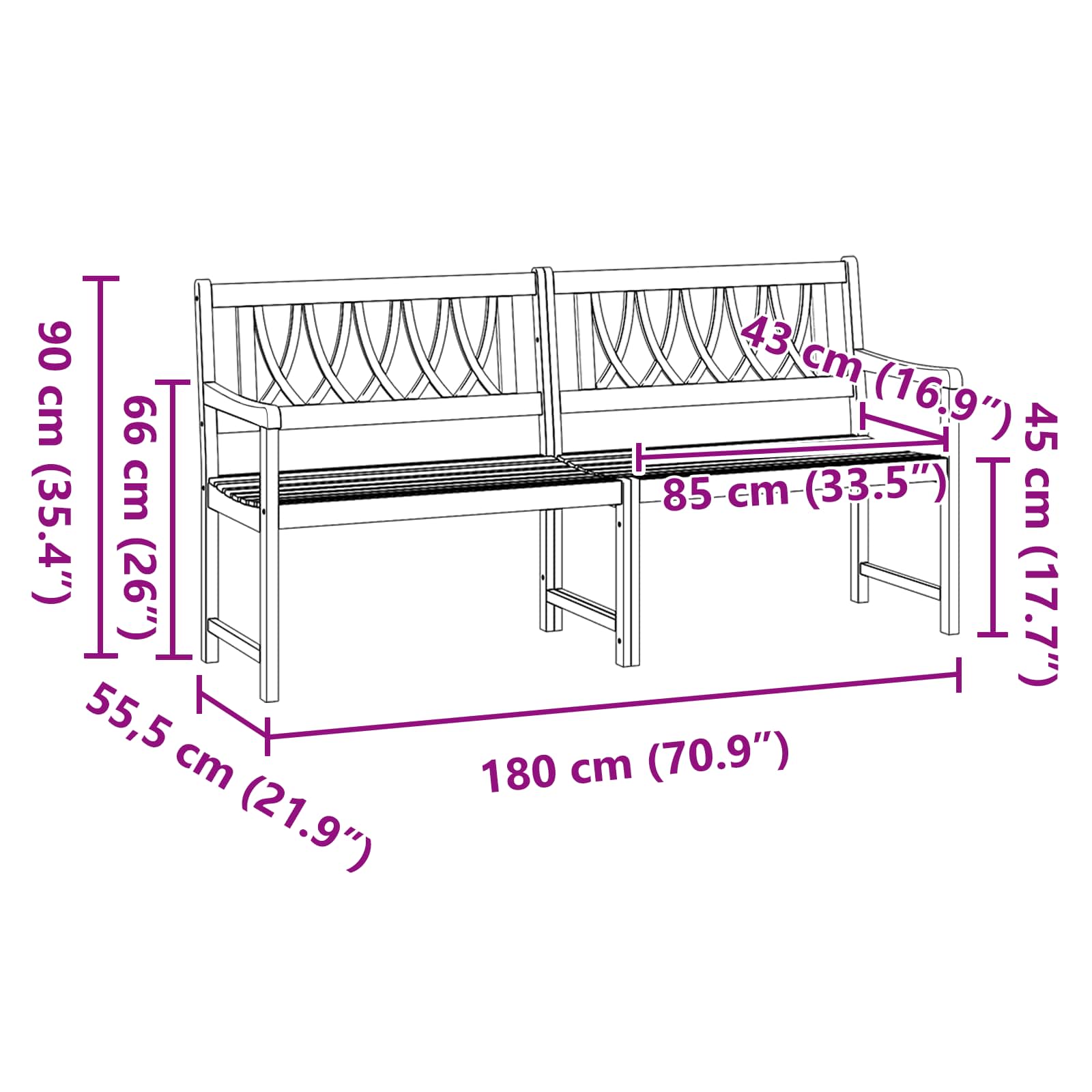 vidaXL Outdoor Bench Natural 180 x 55.5 x 90 cm Solid Acacia Wood - Brown