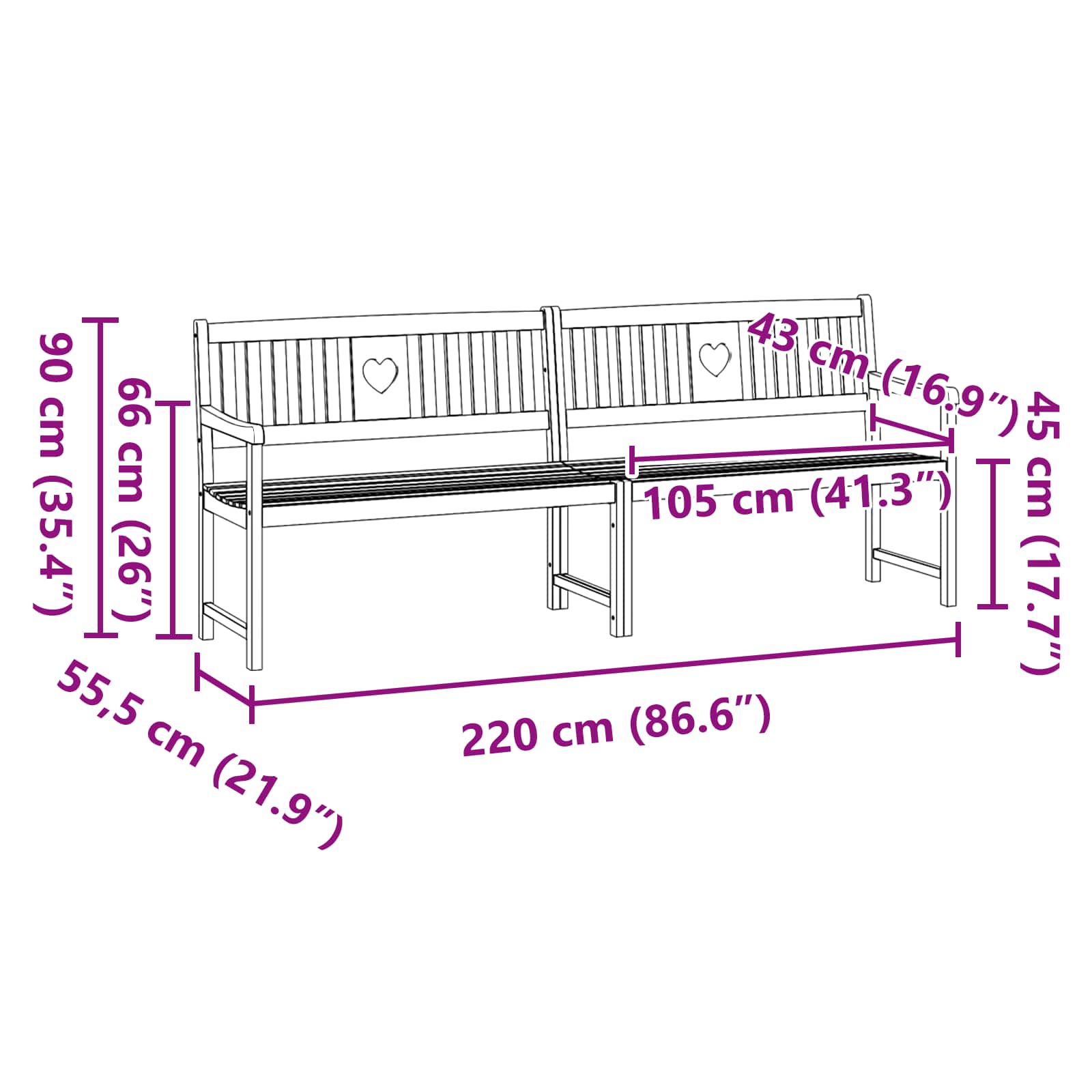 vidaXL Outdoor Bench Natural 220 x 55.5 x 90 cm Solid Acacia Wood - Brown - 30941