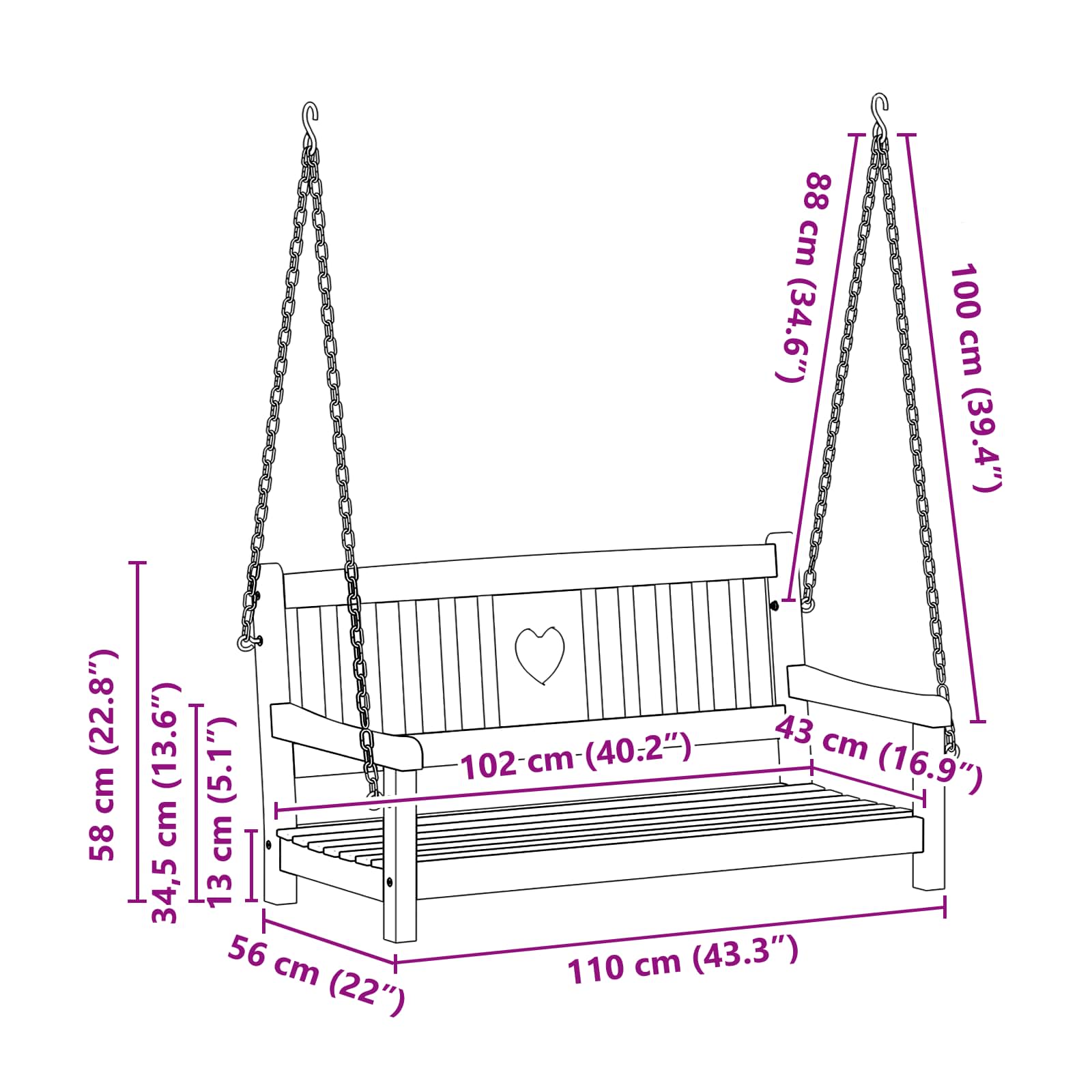 vidaXL Garden Swing Bench Natural 110 x 56 x 58 cm Solid Acacia Wood - Brown - 30946