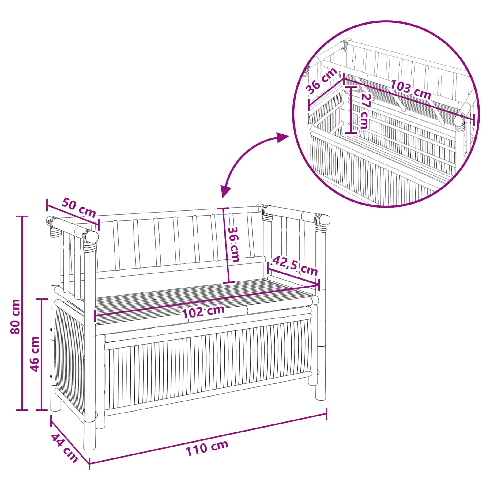 vidaXL Garden Storage Bench 110 x 47 x 80 cm Bamboo Natural - Brown