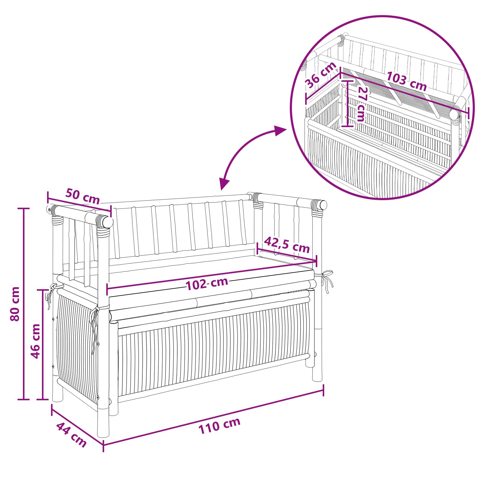 vidaXL Garden Storage Bench 110 x 47 x 80 cm Bamboo Natural - Brown - 30897