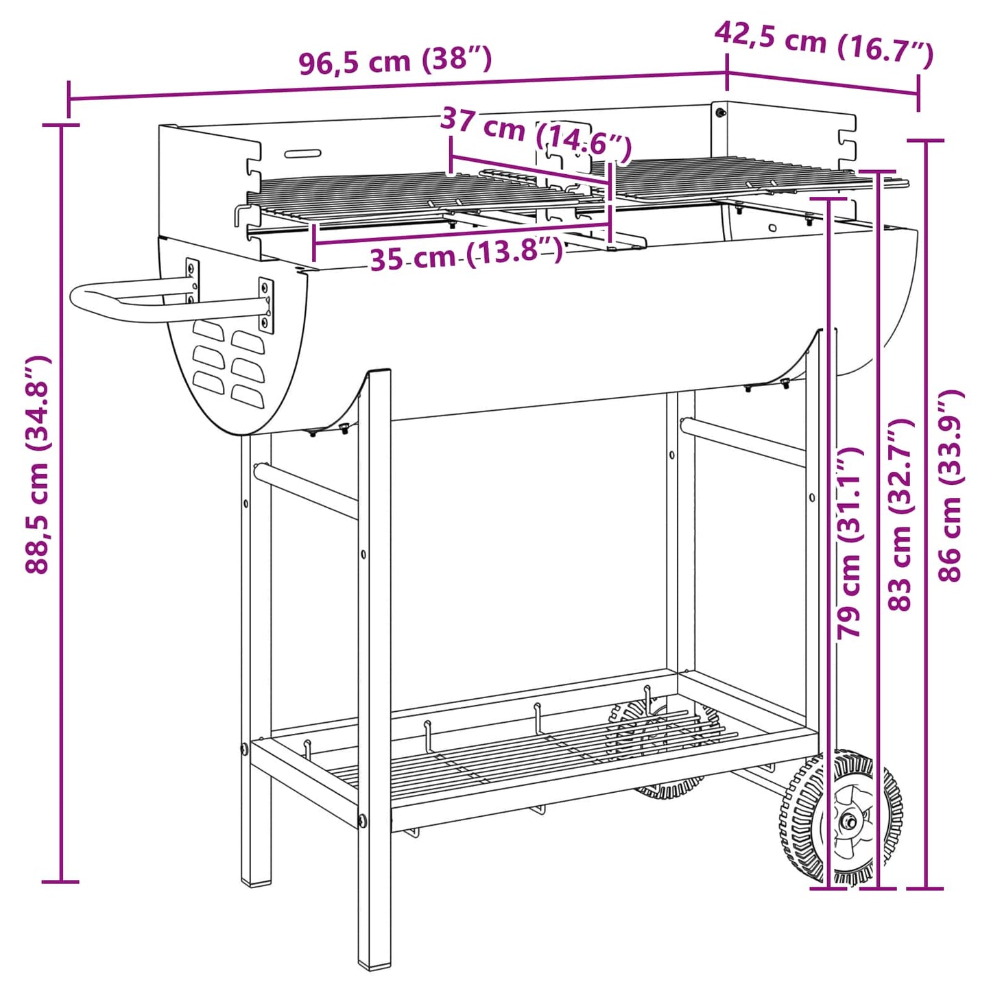 vidaXL Charcoal grill 96.5 x 42.5 x 88.5 cm Black