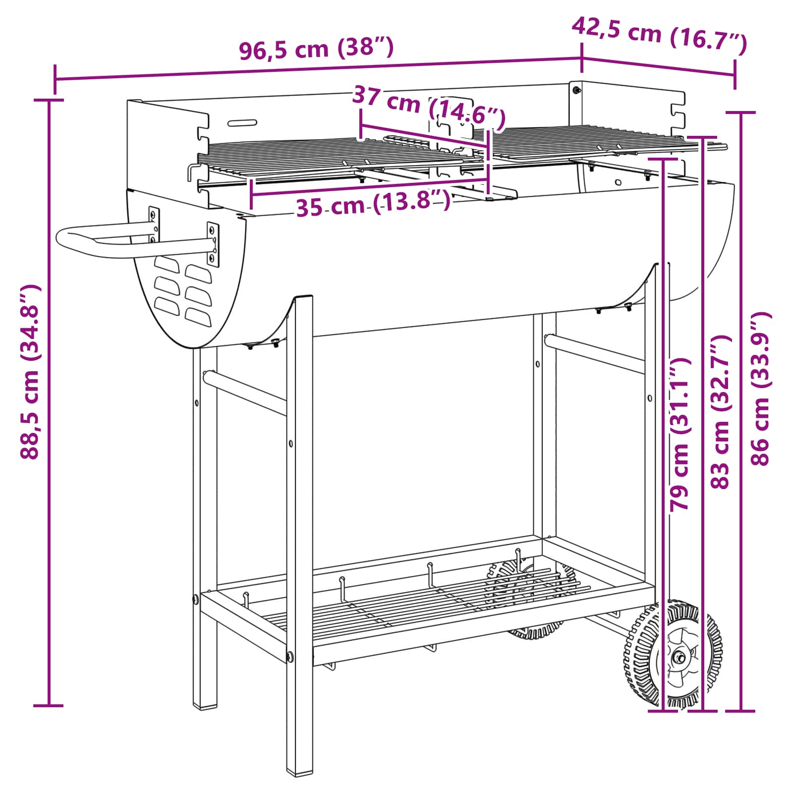 vidaXL Charcoal grill 96.5 x 42.5 x 88.5 cm Black