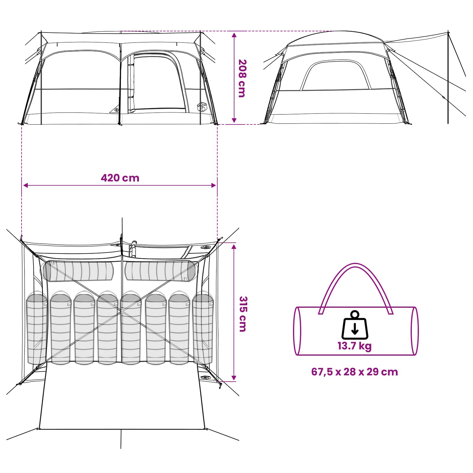 vidaXL Family Tent 10-Person Green Polyester and Steel - 420 x 305 x 200 cm