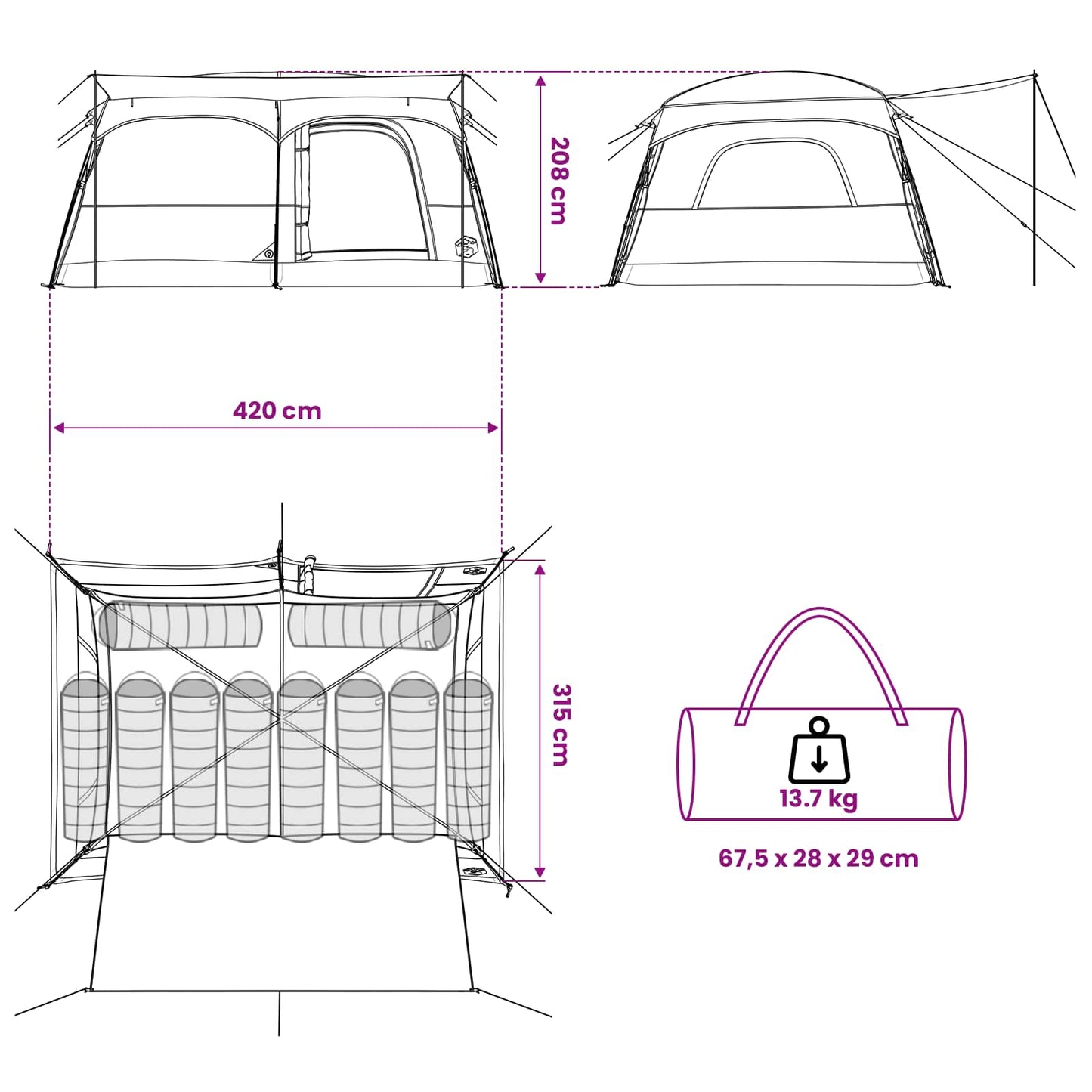 vidaXL Family Tent 10-Person Grey and Orange Polyester and Steel - 420 x 305 x 200 cm