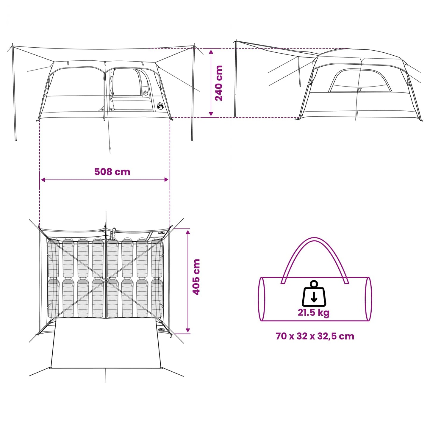 vidaXL Family Tent 14-Person Green Polyester and Steel - 500 x 400 x 230 cm