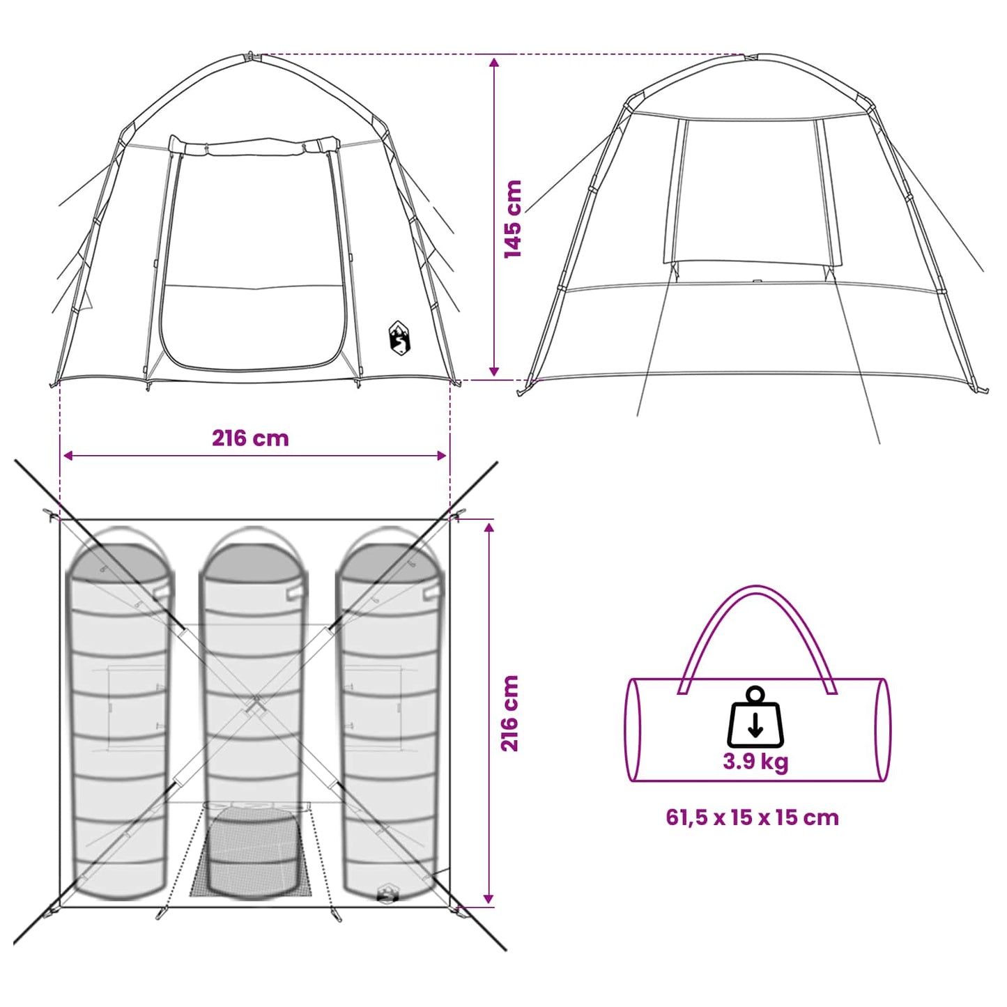 vidaXL Cabin Tent White Blackout 210 x 210 x 138 cm Polyester