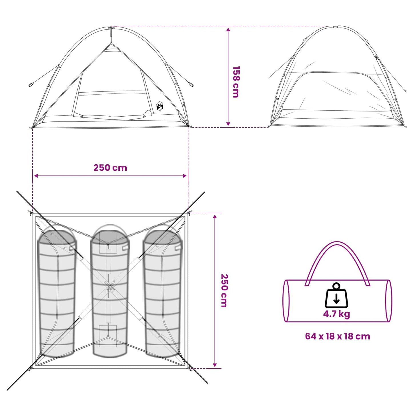 vidaXL Camping Tent with Rainfly Water-resistant 4-Person - Grey - 245 x 245 x 149 cm