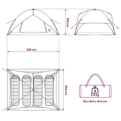 vidaXL Camping Tent with Rainfly Water-resistant 4-Person - Grey - 310 x 245 x 160 cm