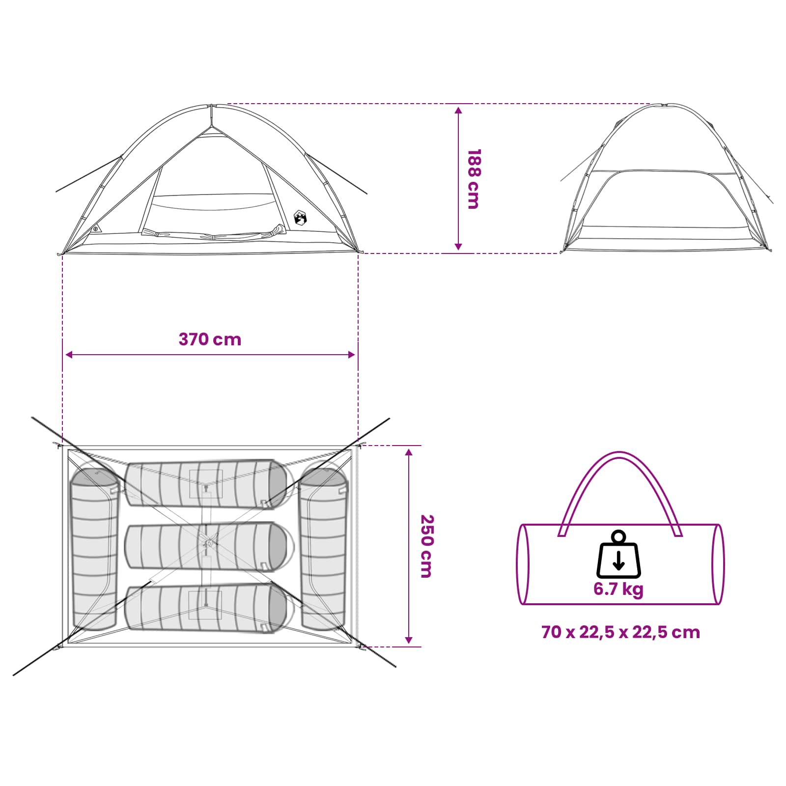 vidaXL Camping Tent with Rainfly Water-resistant 4-Person - Grey - 360 x 245 x 185 cm