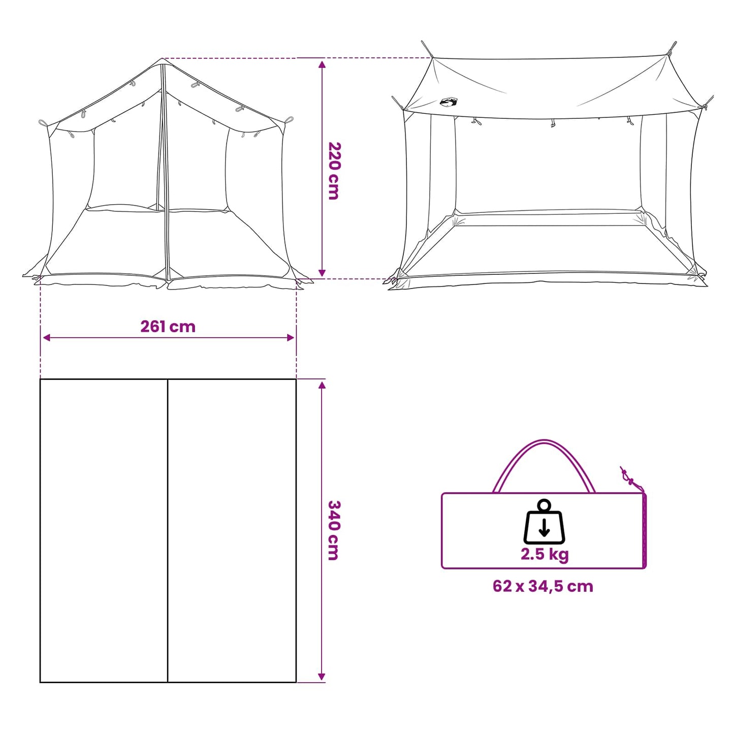 vidaXL Camping Tarp with Mesh Walls 340 x 260 x 220 cm Army Green