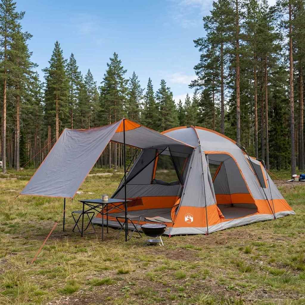 vidaXL Cabin Tent Grey and Orange 12-Person Polyester and Steel