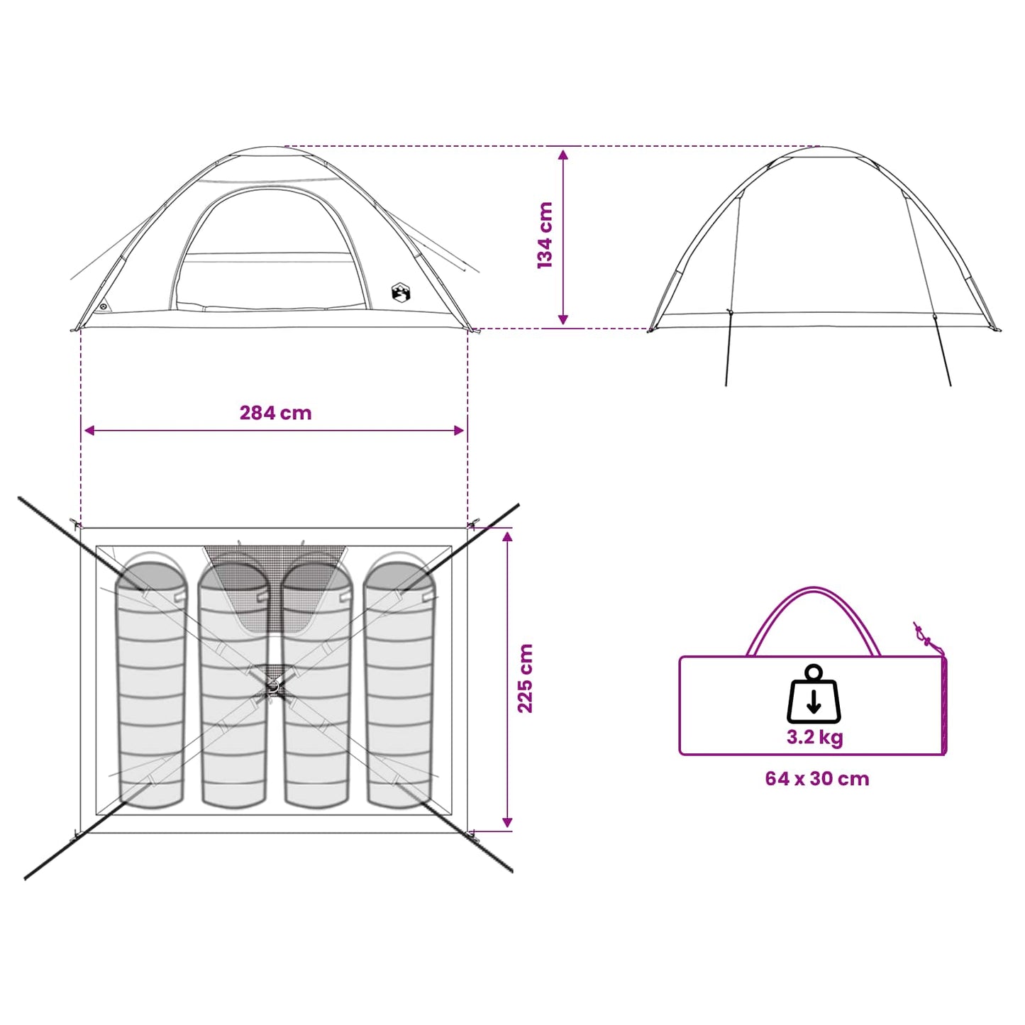 vidaXL Camping Tent 4-Person White Blackout - 275 x 215 x 125 cm