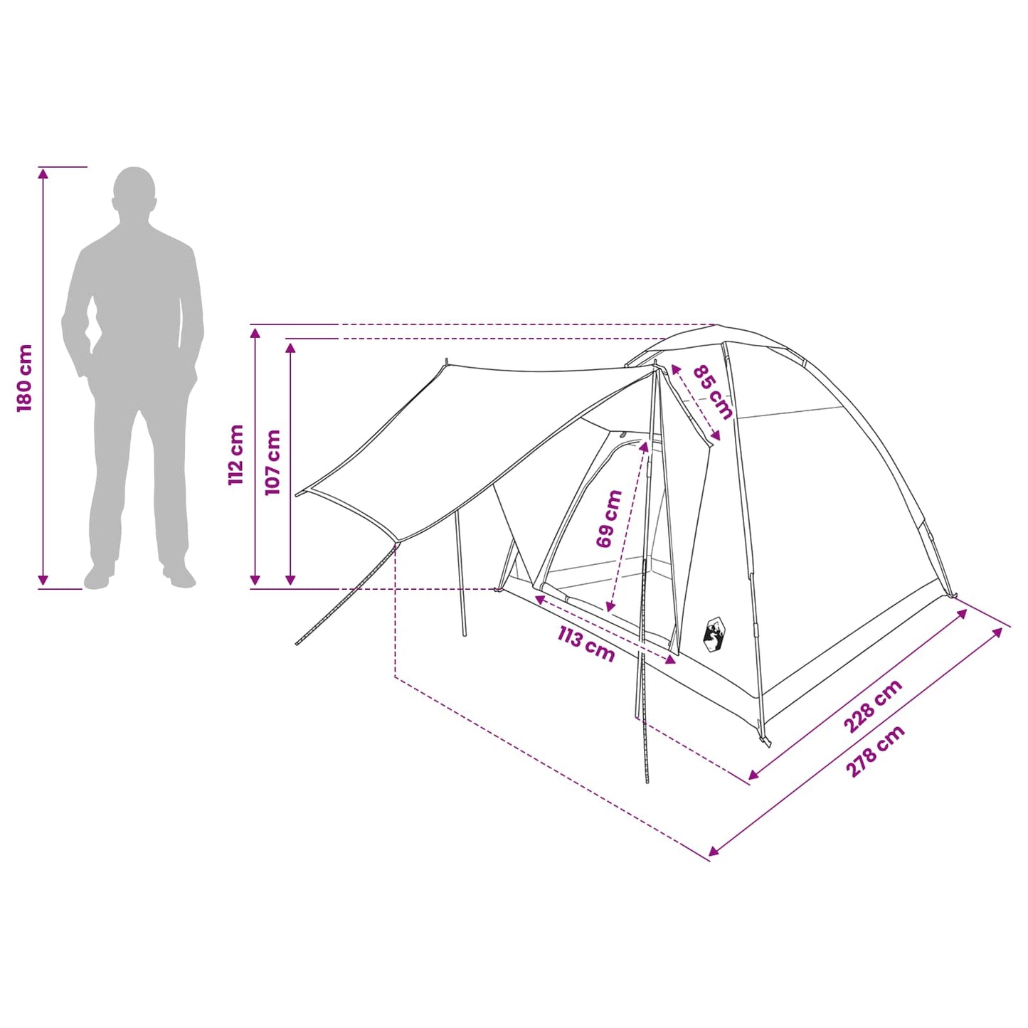 vidaXL Camping Tent 2-Person White Blackout Polyester and Steel - 190 x 140 x 105 cm