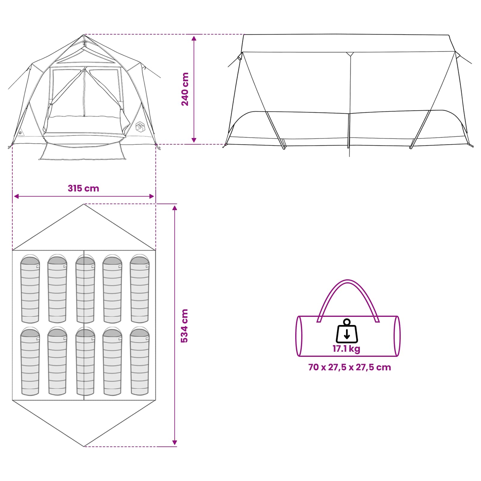 vidaXL Tunnel Tent Grey and Orange 10-Person Polyester and Steel