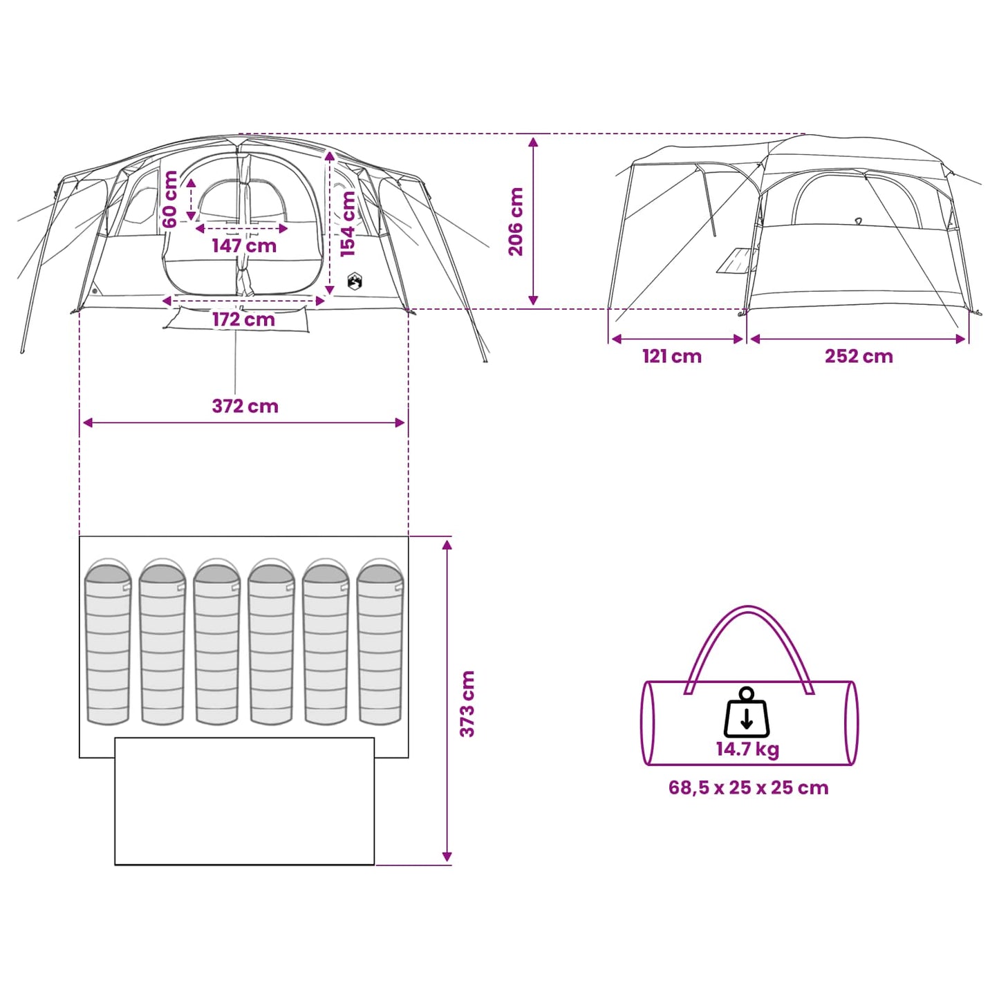 vidaXL Tunnel Tent 10-Person Blue Polyester and Steel - 366 x 244 x 198 cm