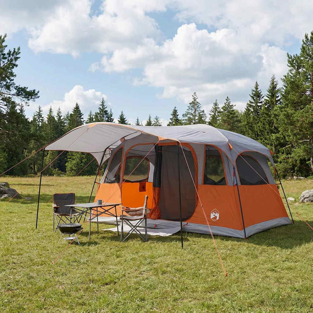 vidaXL Tunnel Tent 10-Person Grey and Orange Polyester and Steel - 366 x 244 x 198 cm