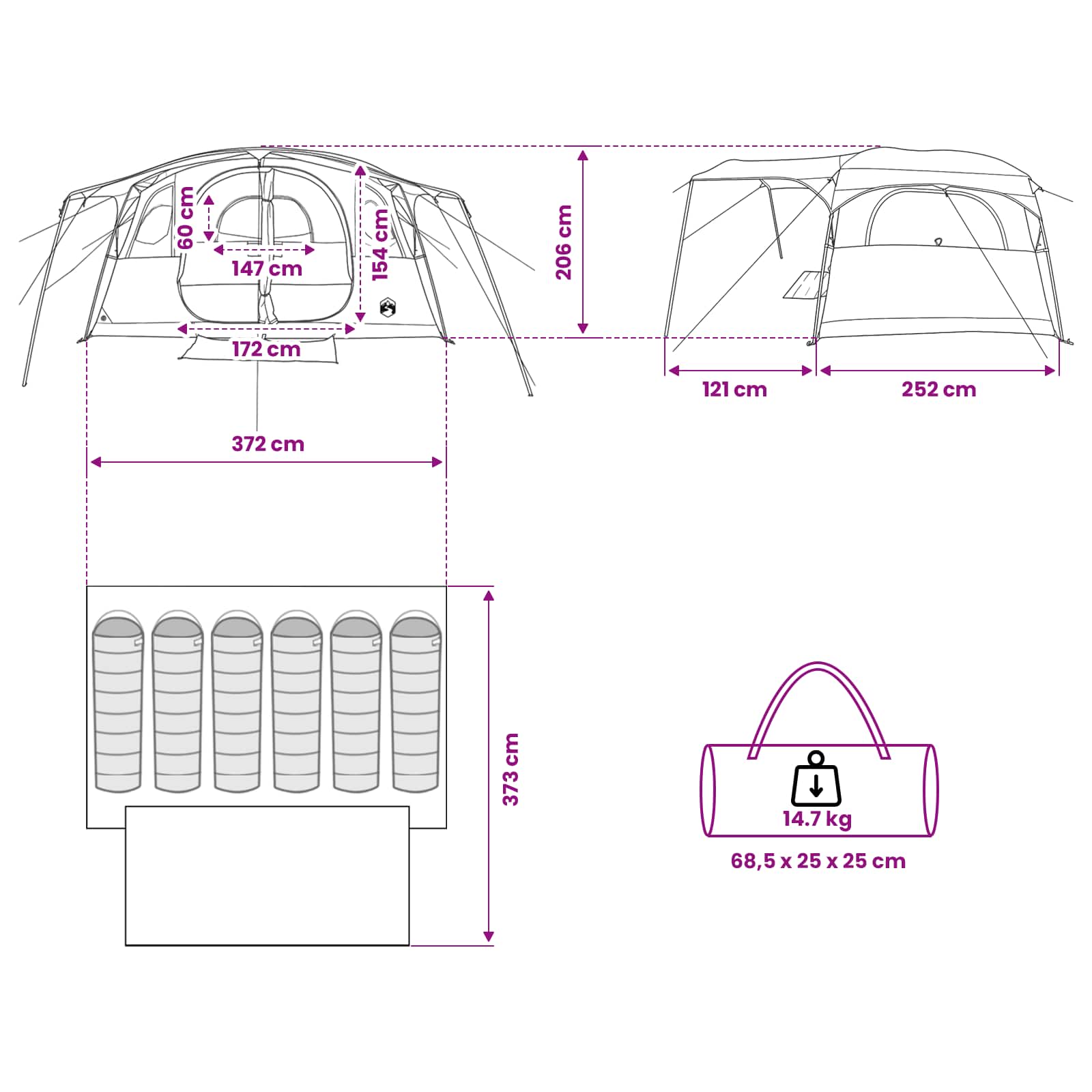 vidaXL Tunnel Tent 10-Person Army Green Polyester and Steel - 366 x 244 x 198 cm