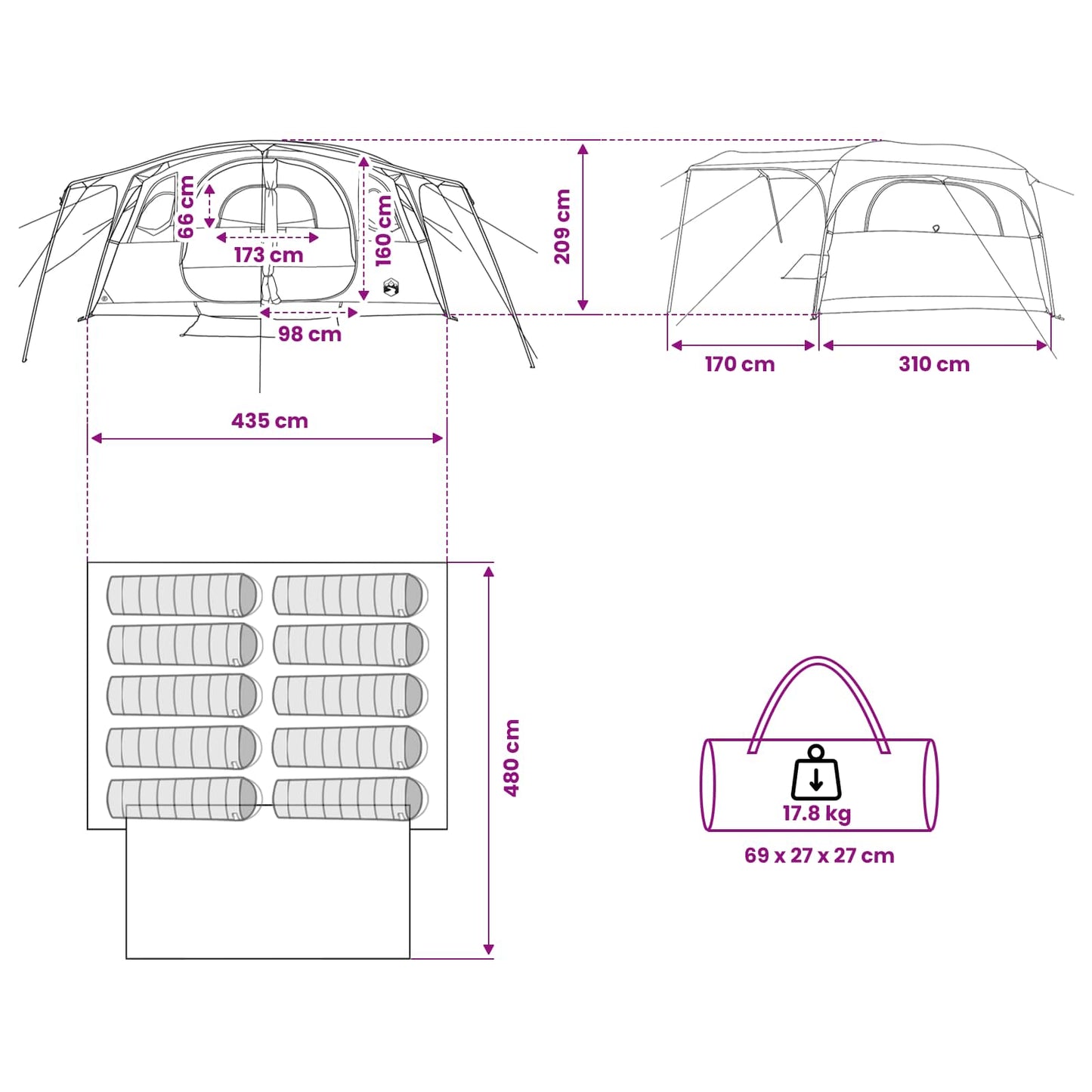 vidaXL Tunnel Tent Green 427 x 305 x 205 cm Polyester and Steel