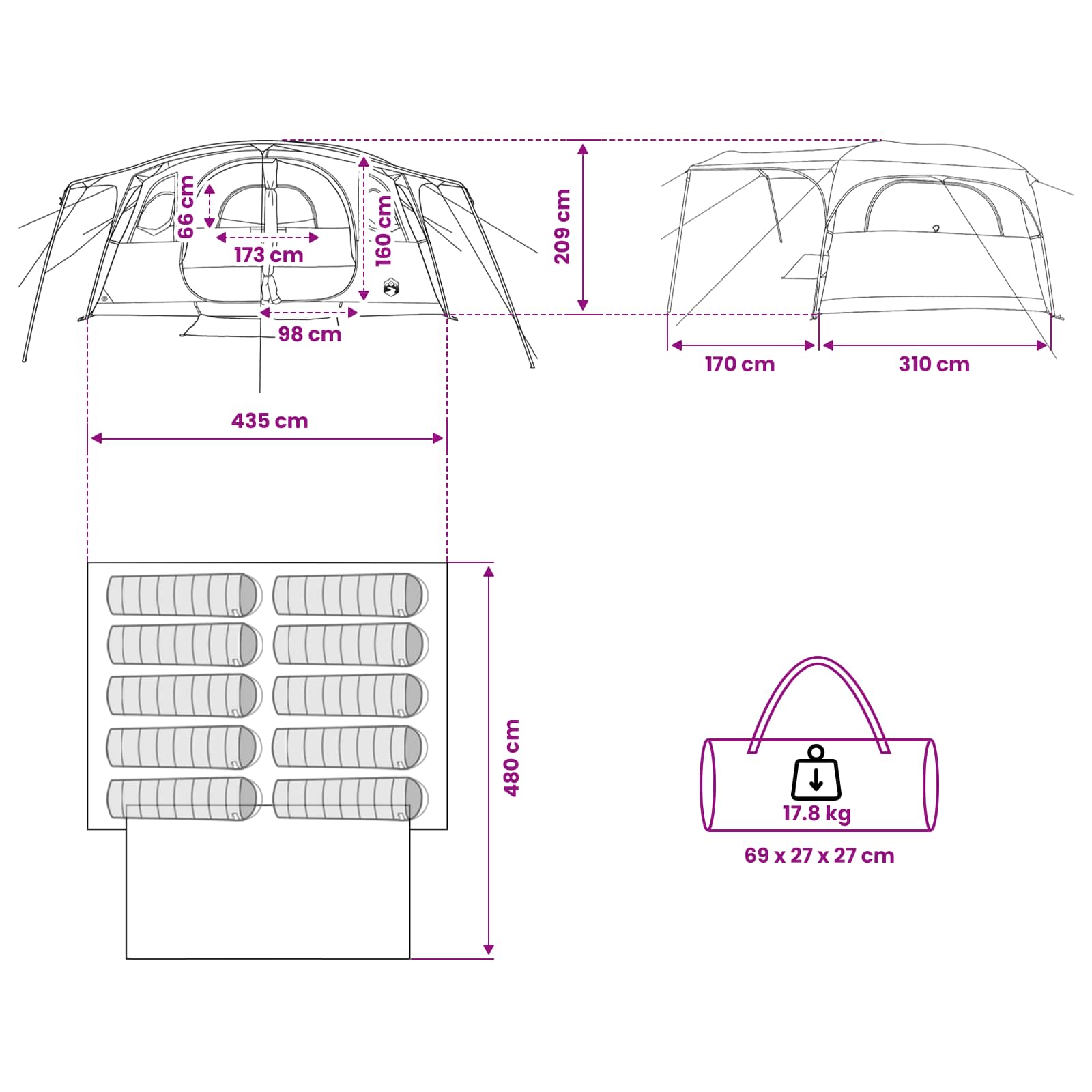 vidaXL Tunnel Tent Green 427 x 305 x 205 cm Polyester and Steel