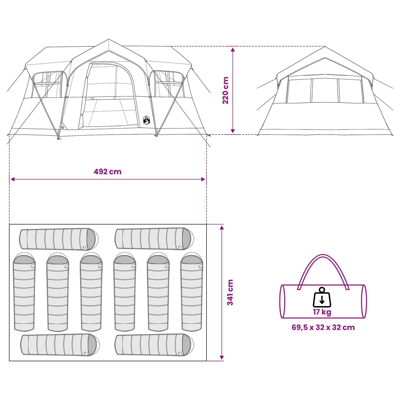 vidaXL Family Tent 487 x 340 x 216 cm Army Green Polyester and Steel