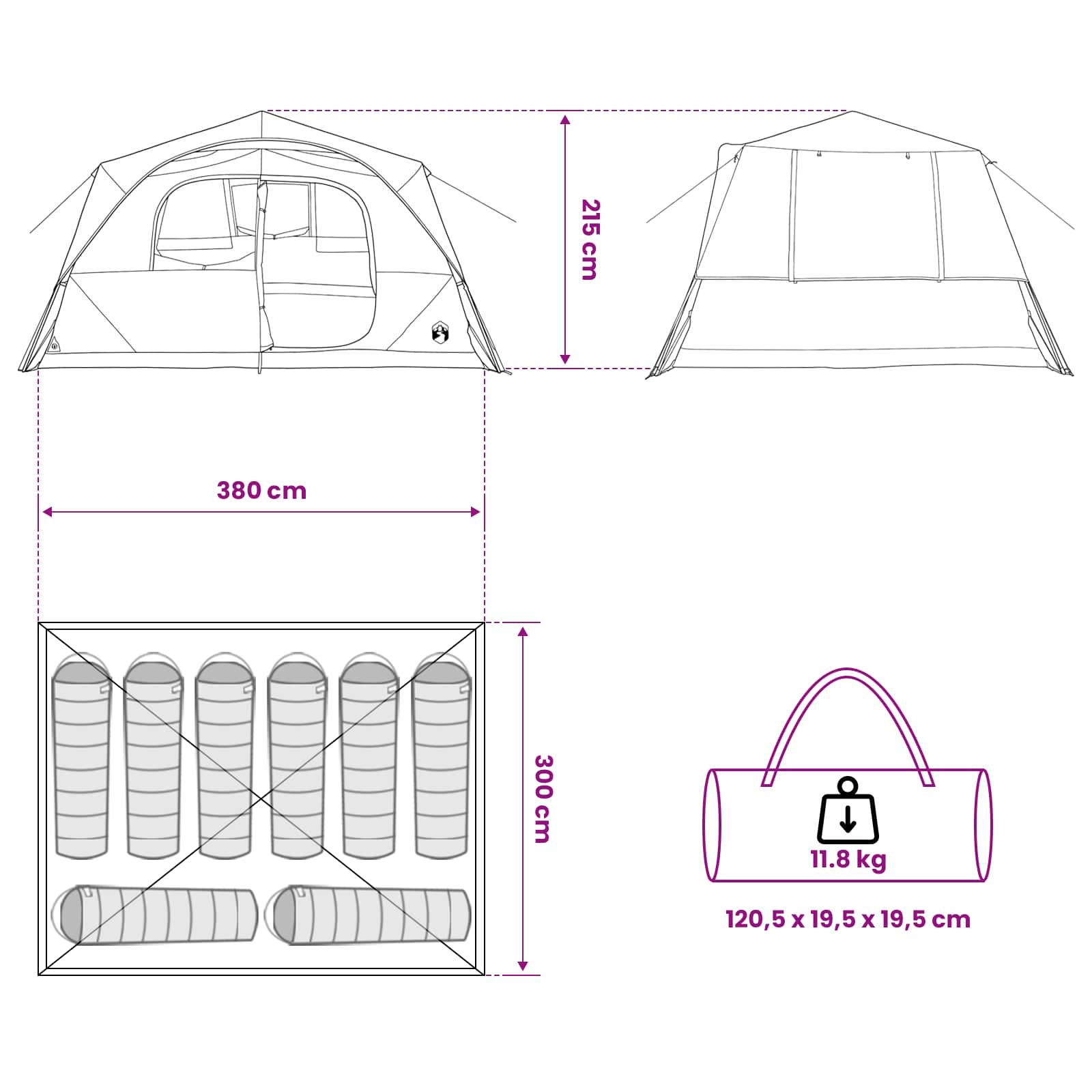 vidaXL Instant Tent Green 365 x 380 x 200 cm Polyester and Steel