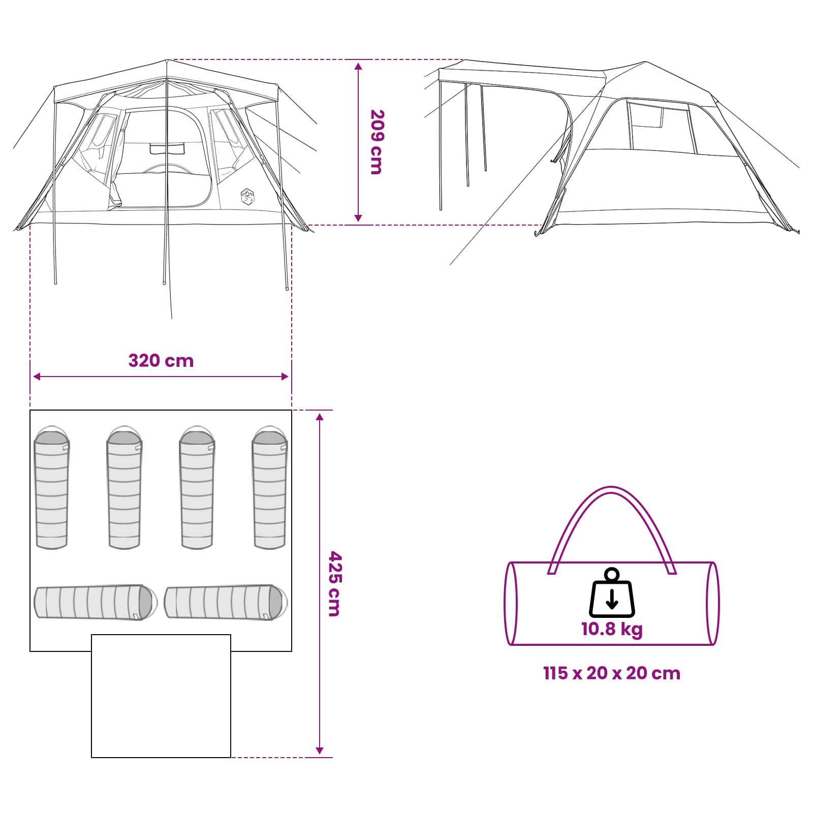 vidaXL Family Tent Green 305 x 275 x 190 cm Polyester and Steel