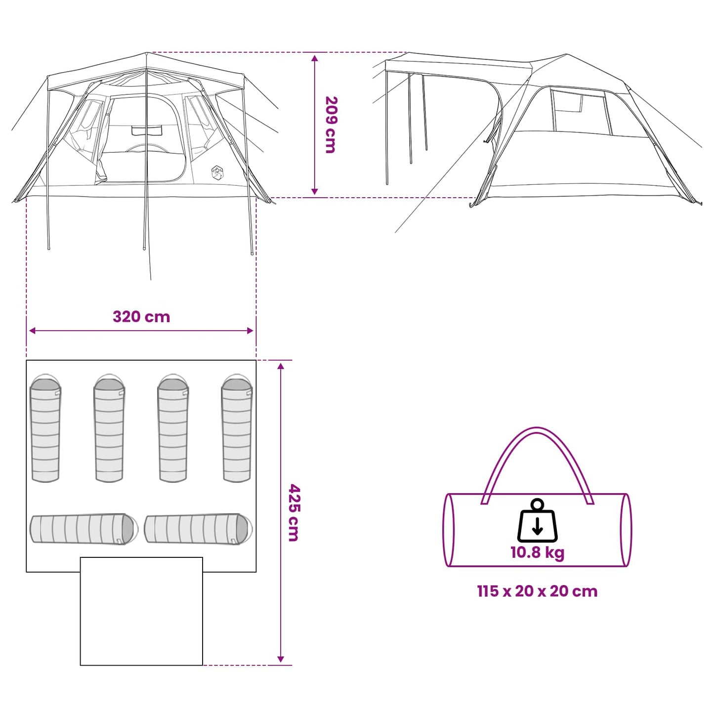 vidaXL Family Tent with Roof Grey and Orange 305 x 275 x 190 cm