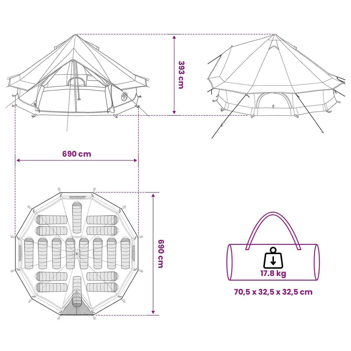 vidaXL Tipi Tent 18-Person Green Polyester and Steel - 700 x 700 x 395 cm