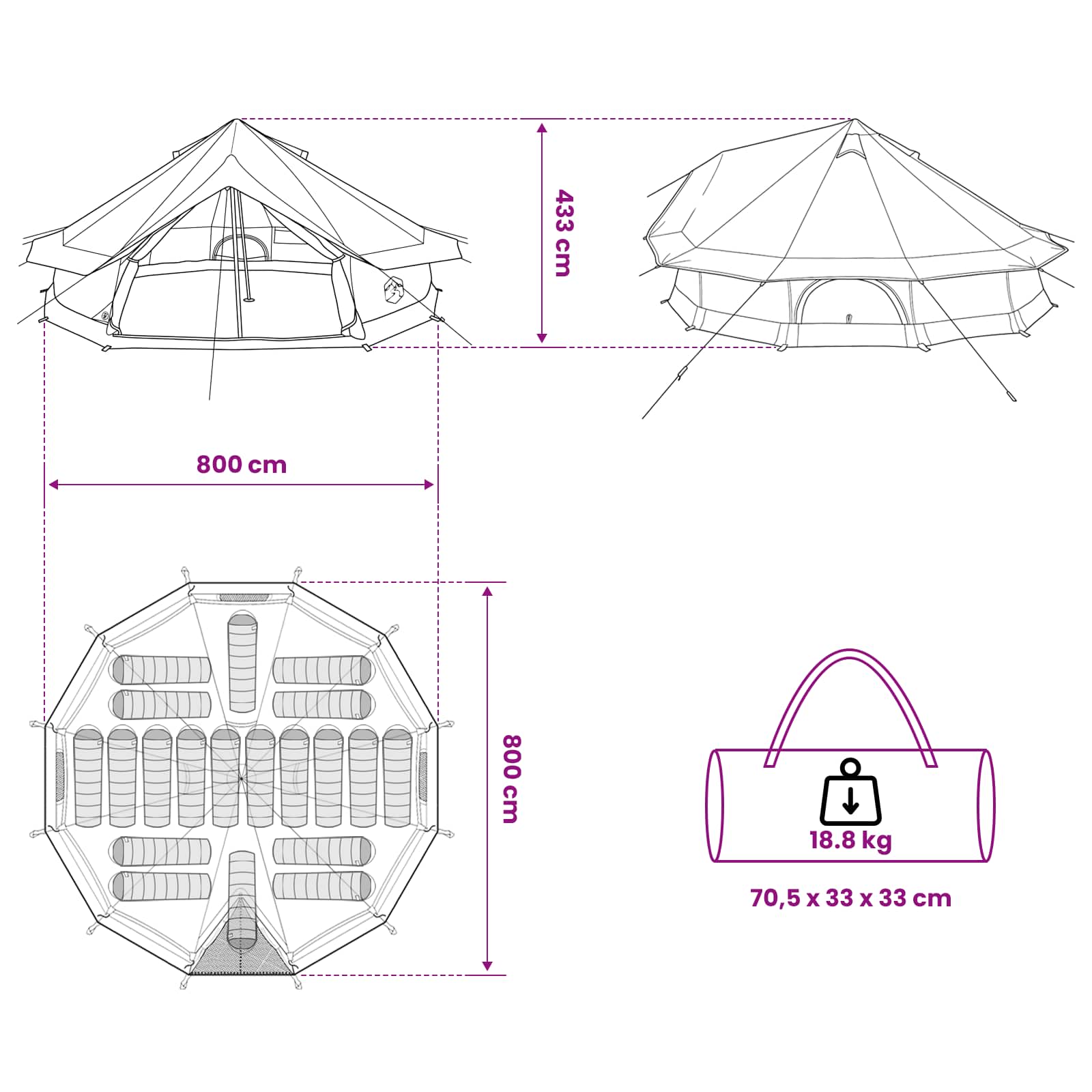vidaXL Tipi Tent 20-Person Blue Polyester and Steel - 800 x 800 x 430 cm