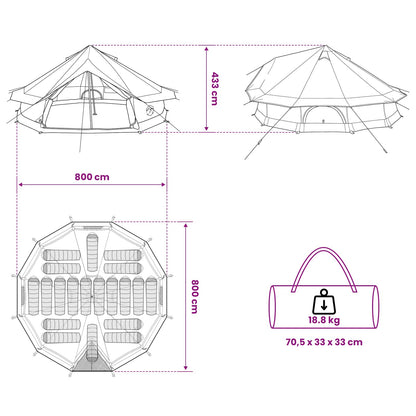 vidaXL Tipi Tent 20-Person Grey and Orange Polyester and Steel - 800 x 800 x 430 cm