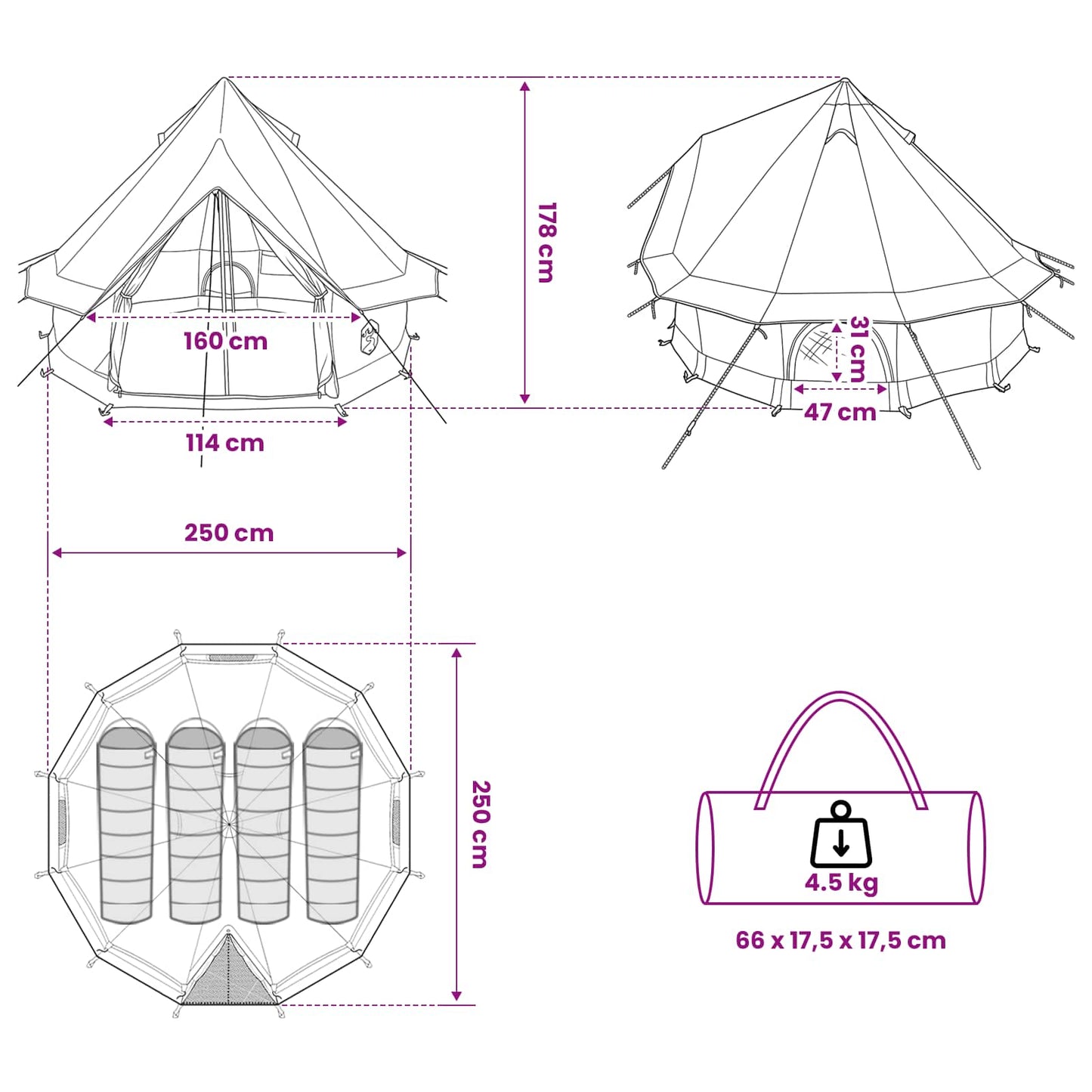 vidaXL Tipi Tent 4-Person Blue Polyester and Steel - 250 x 250 cm