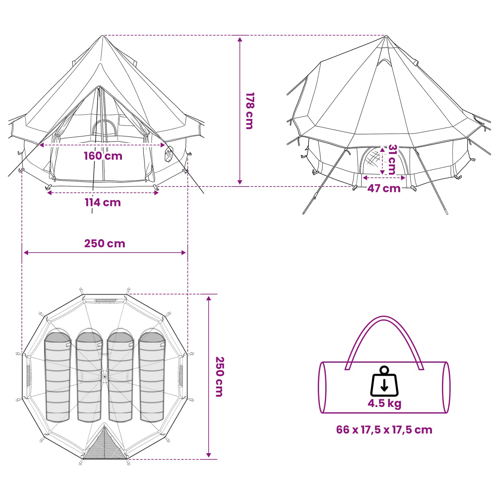 vidaXL Tipi Tent 4-Person Grey and Orange Polyester and Steel - 250 x 250 cm