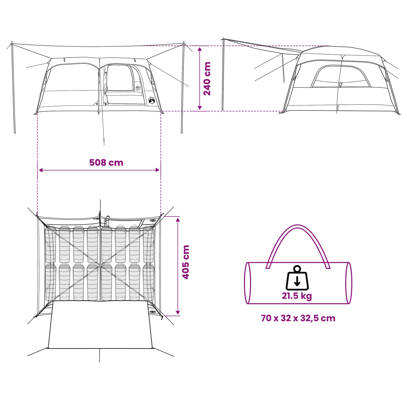 vidaXL Family Tent 14-Person Brown Grey Polyester and Steel - 500 x 400 x 230 cm