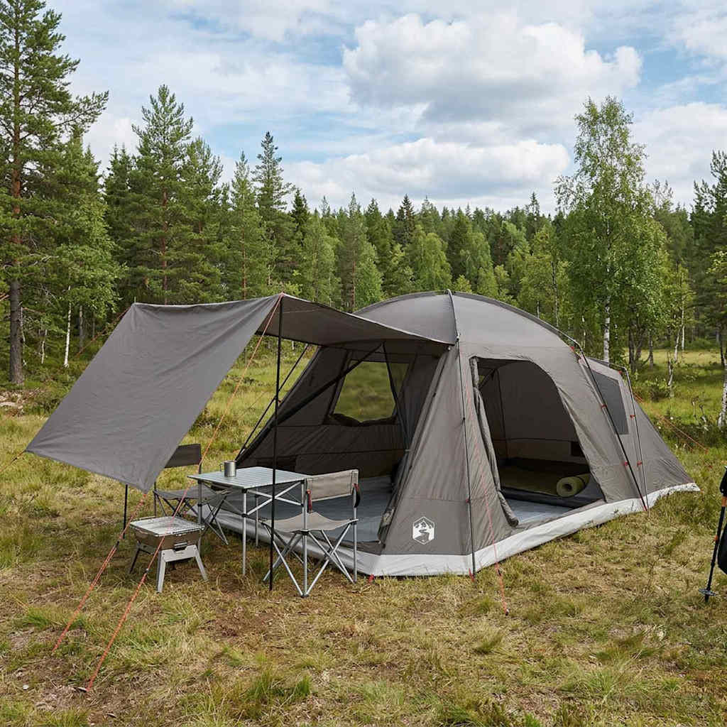 vidaXL Cabin Tent with Roof Brown grey 12-Person Polyester and Steel