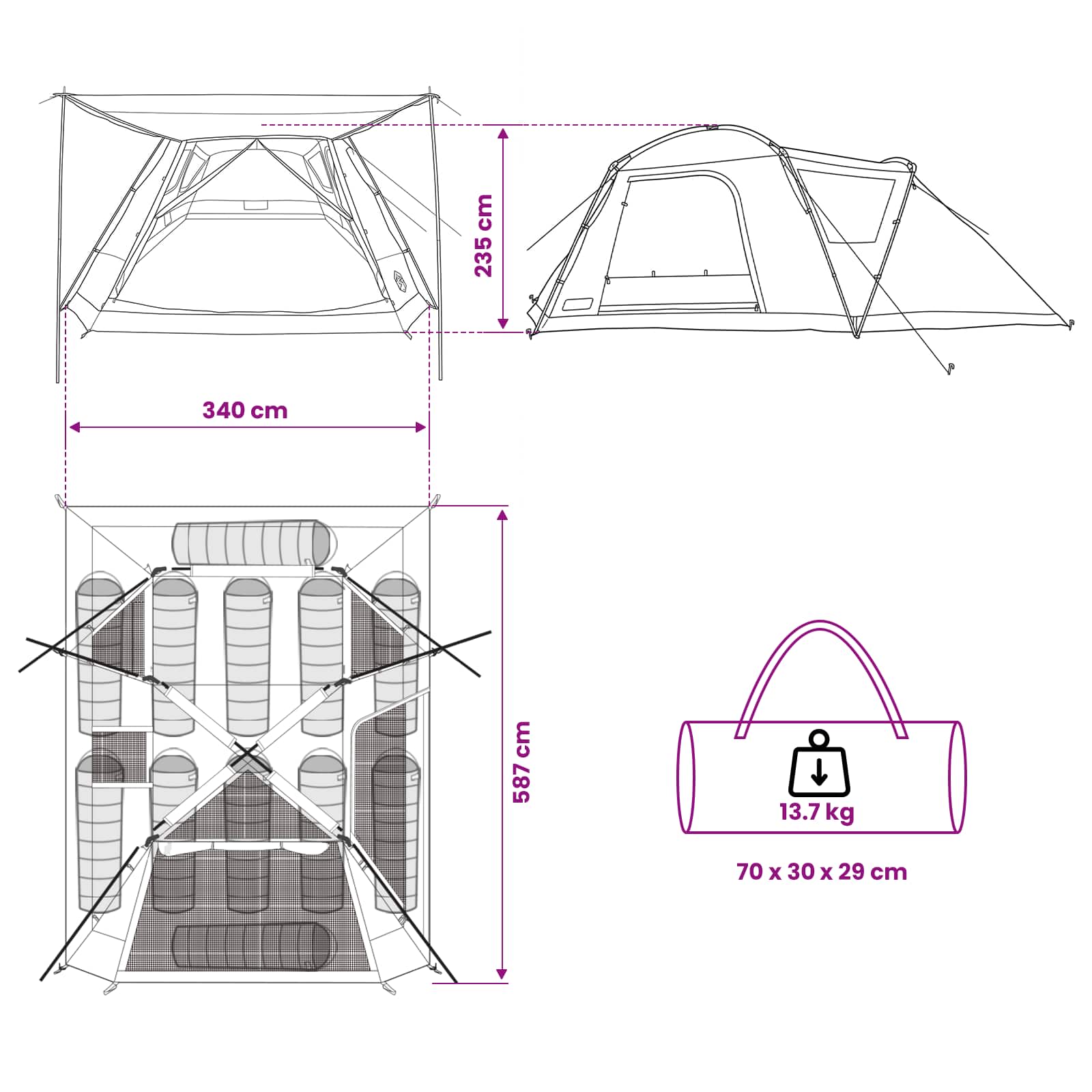 vidaXL Cabin Tent with Roof Brown grey 12-Person Polyester and Steel